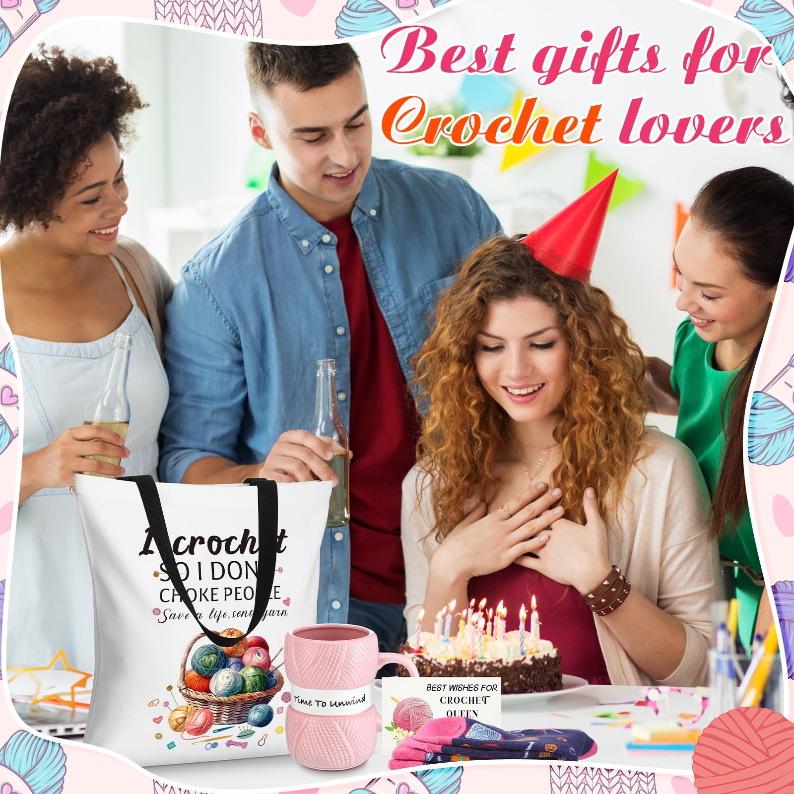 Geiserailie Lot de 4 cadeaux au crochet pour femme - Sac fourre-tout au crochet - Tasse à café - Chaussettes fantaisie et carte de vœux pour les amateurs de tricot - Cadeau de Noël, d'anniversaire, de