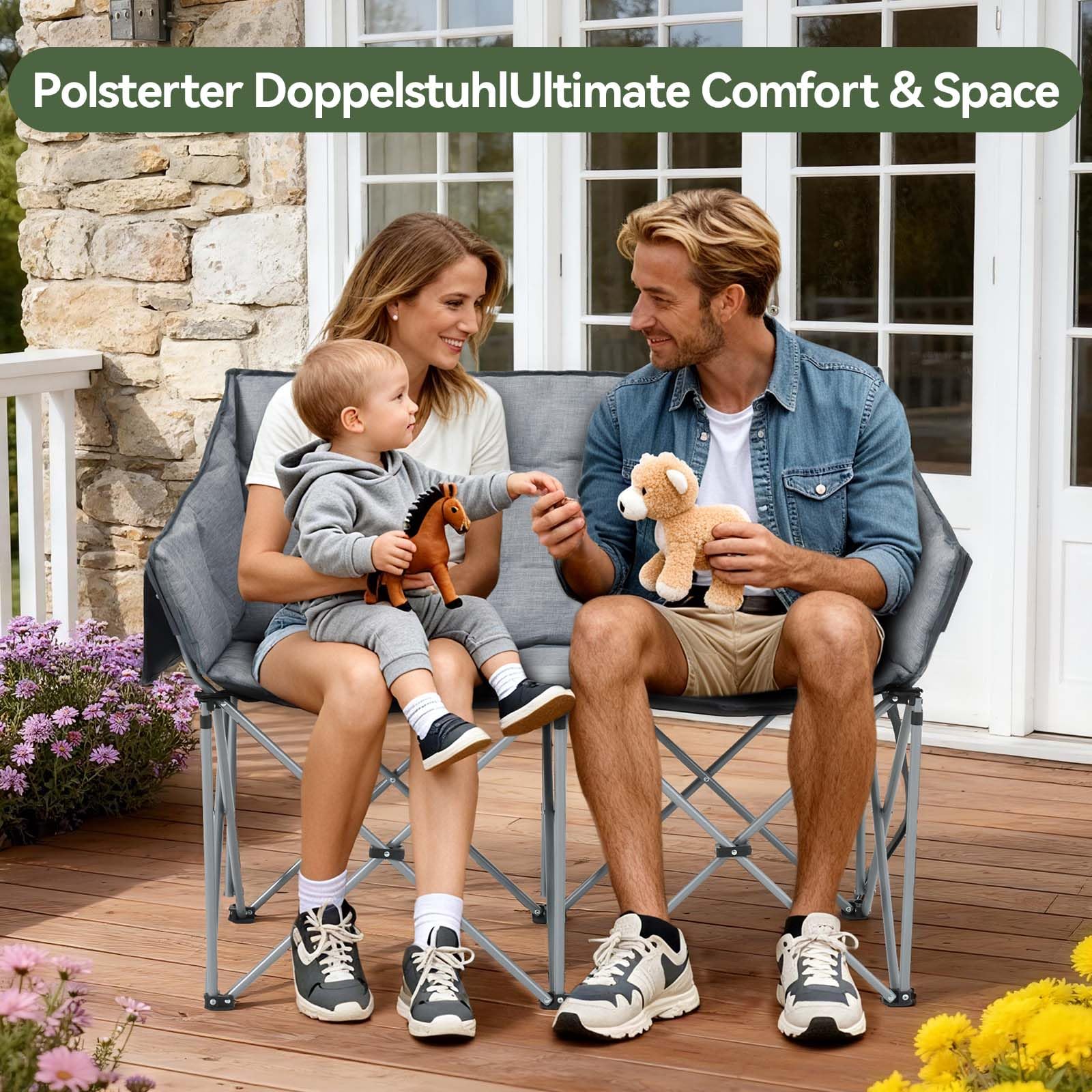 Aoxun Campingstuhl Faltbar Breit Campingsofa für 2 Personen Doppel Klappstuhl Camping Faltsofa 124CM, Campingcouch Dick Gepolstert Klappstuhl XXL 2 Sitzer Hohe Lehne für Outdoor Garten Balkon Indoor
