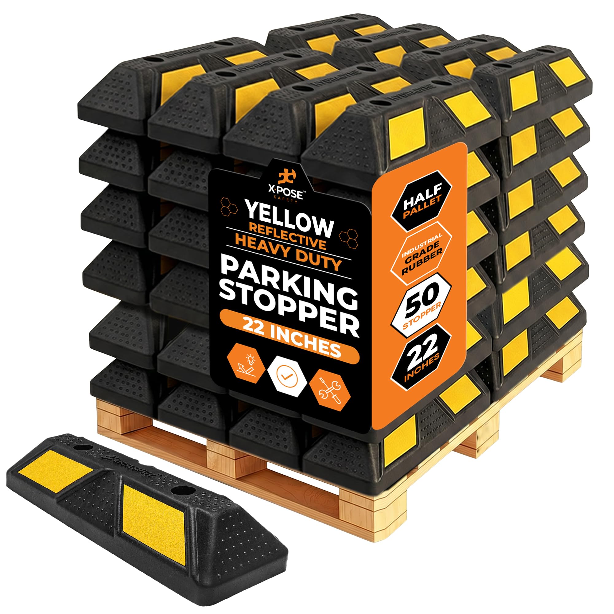 Xpose Safety 22" Heavy Duty Rubber Parking Stopper (Bulk Full Pallet 50 Pack) – Wheel Stops, Lot Bumpers &amp; Parking Curb for Garage, Driveway or Ramp – Car Bumper Stops with Yellow Reflective Strips