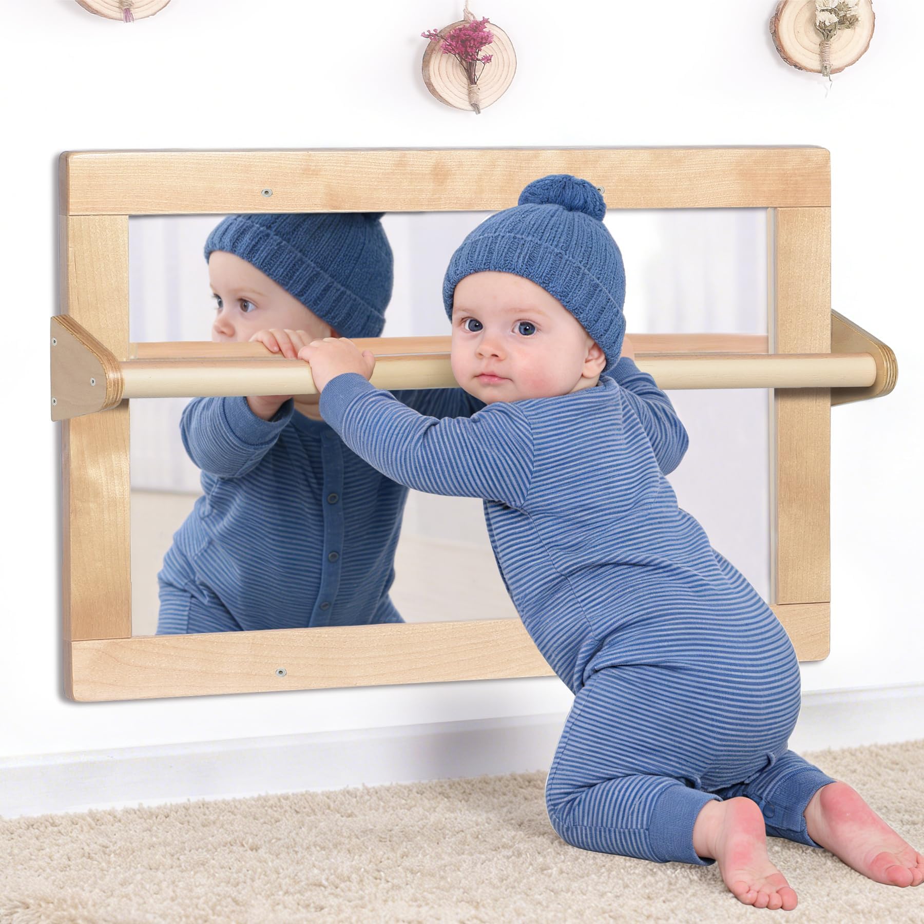KRANDCRAFT Baby Montessori Wooden Frame Non-Shatter Safety Mirror w/ 2 Pull Up Bars, Infant Coordination Small Mirror for 6-18 Months (Natural)