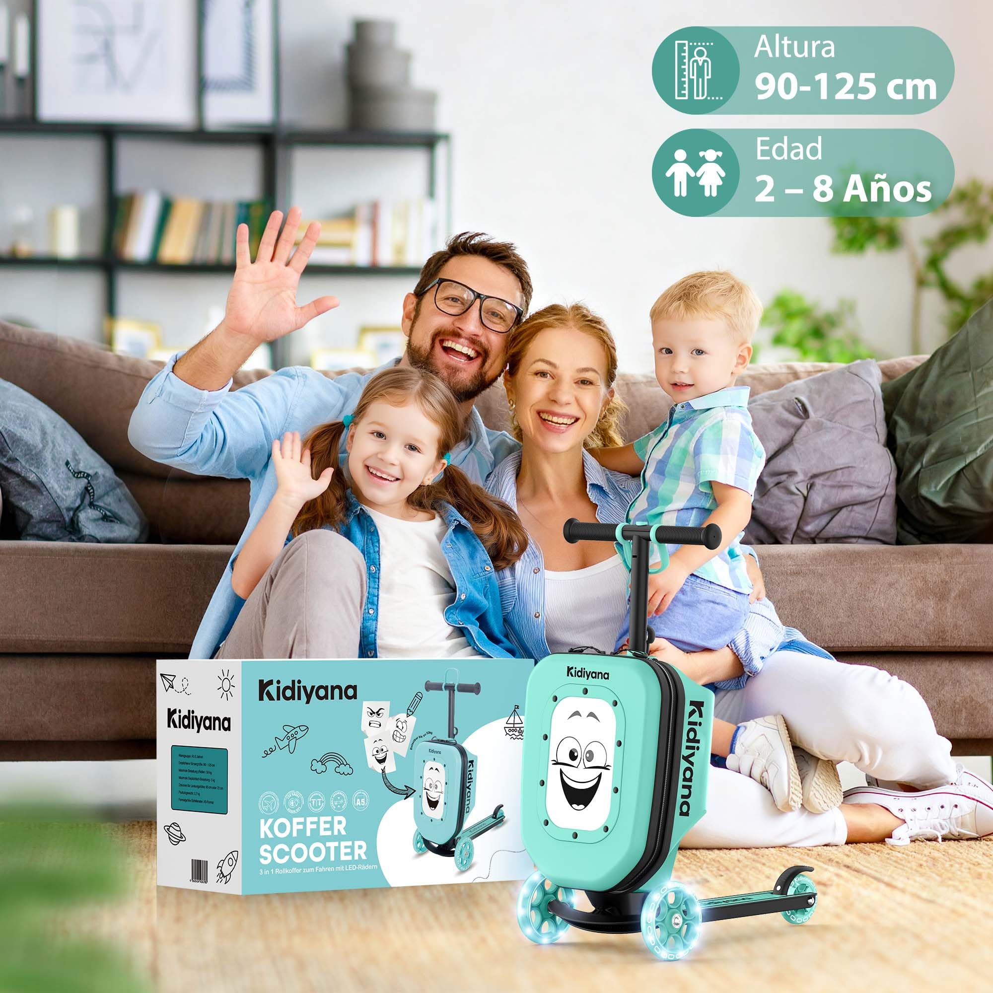 Maleta para patinete, con ruedas LED, manillar ajustable en altura, ventana A5, 7 cm de espacio de almacenamiento, adecuado como equipaje de mano, regalo para niños de 2 a 8 años, color verde