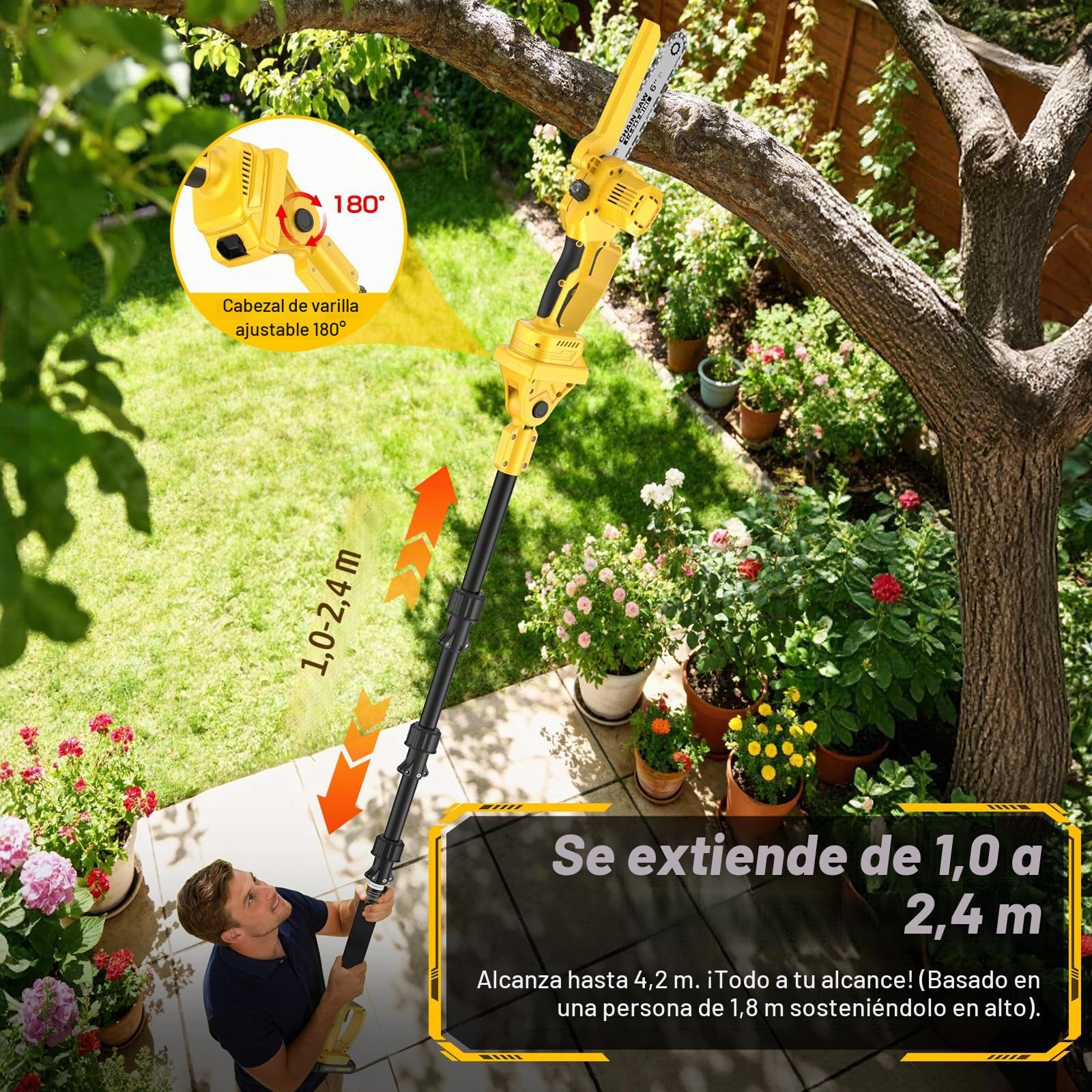 Mini motosierra y podadora eléctrica 4 en 1 con pértiga, alcance máximo de hasta 4,2 m, motor sin escobillas de 1000 W y 2 baterías de 2,0 Ah, motosierra a batería, para jardinería
