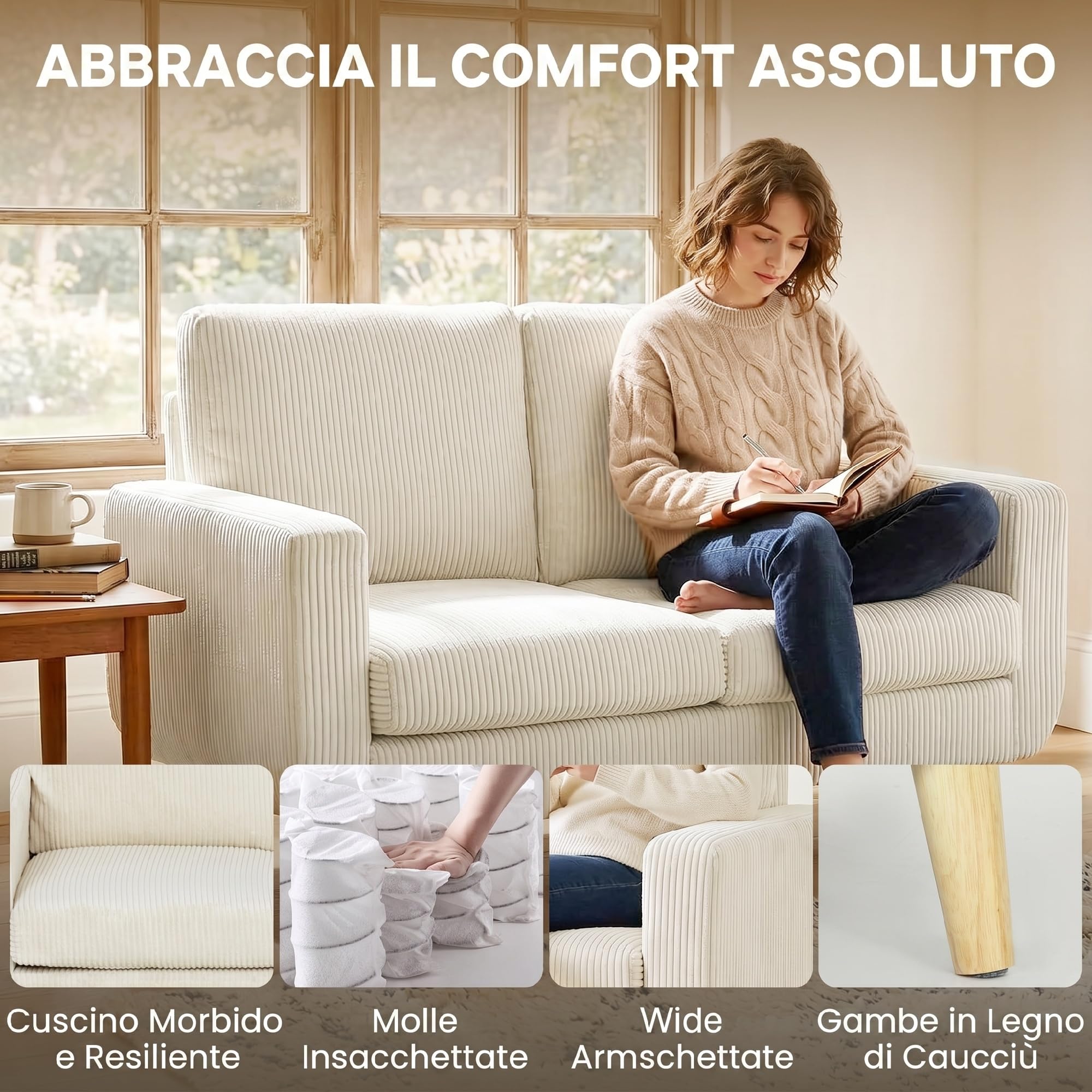 HOMCOM Sofá de 2 Plazas con Cojines de Resortes 134x74x84 cm Blanco Crema | Tapizado en Pana, Sofá Moderno, Acolchado, Respaldo Grueso, Patas de Madera, Dormitorio, Oficina, Sala de Estar