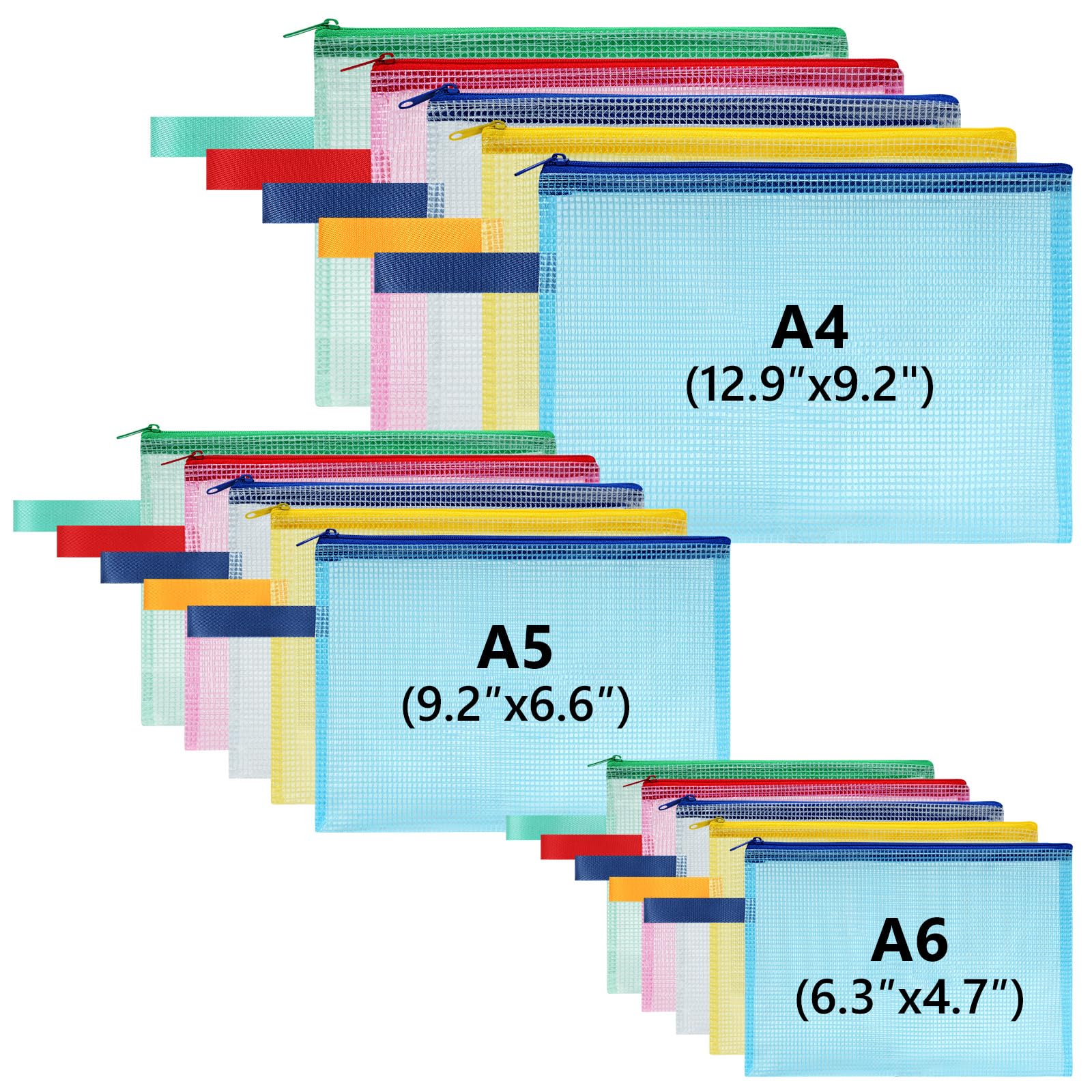 OFFCUP Dokumententasche A4+A5+A6, 15 Stück Mesh Dokumentenmappe Wasserdichte mit Reißverschluss und Griff Wasserdichte, Verdicktem PVC Datei Tasche für Schule Zuhause Büro Reisen Kosmetika