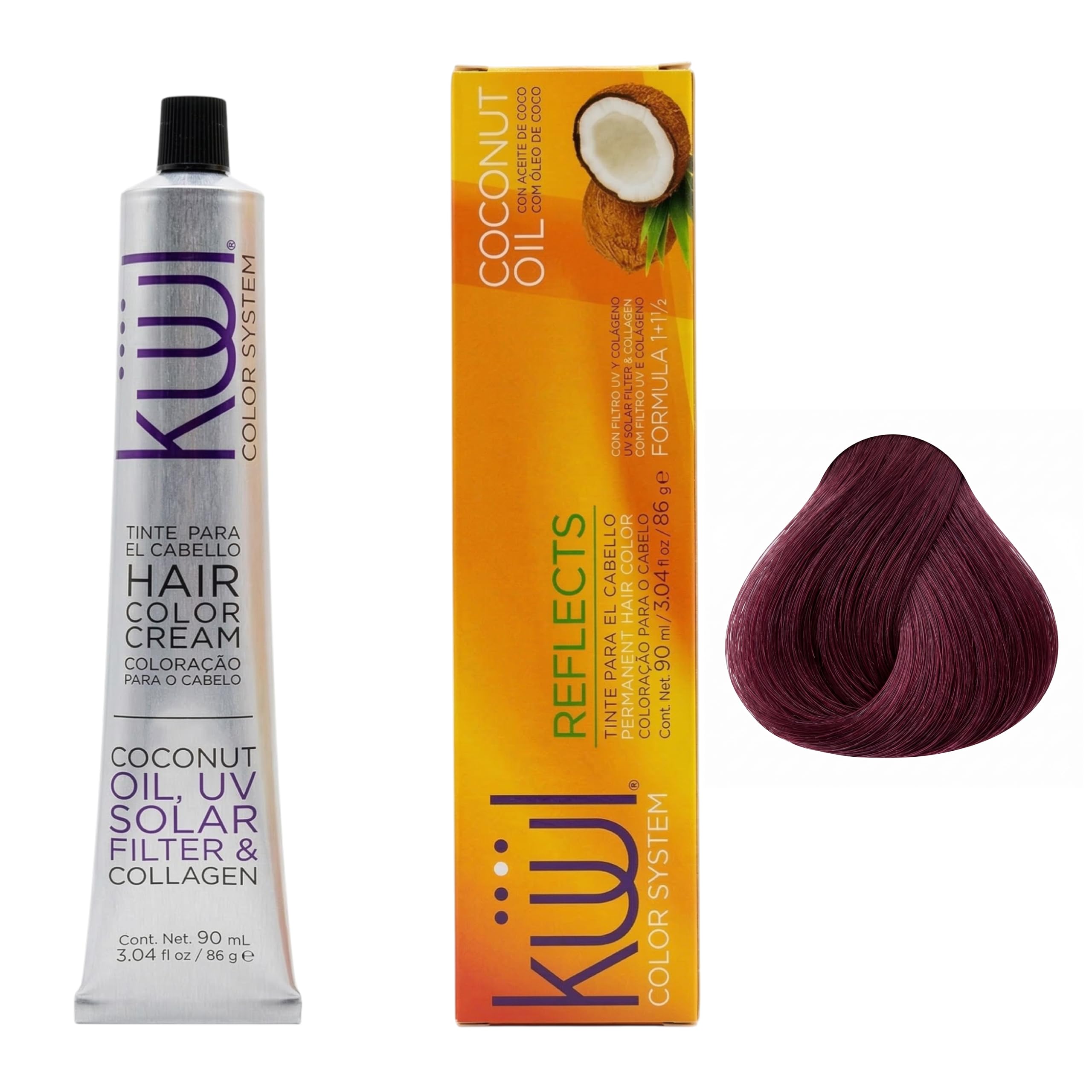 Permanent Hair Color Cream with Reflects, Red Violet Hair Dye Cream with Coconut Oil and Collagen, Gray Coverage, UV Filter, Tone Dimension Color, 3.04 fl oz / 90 ml