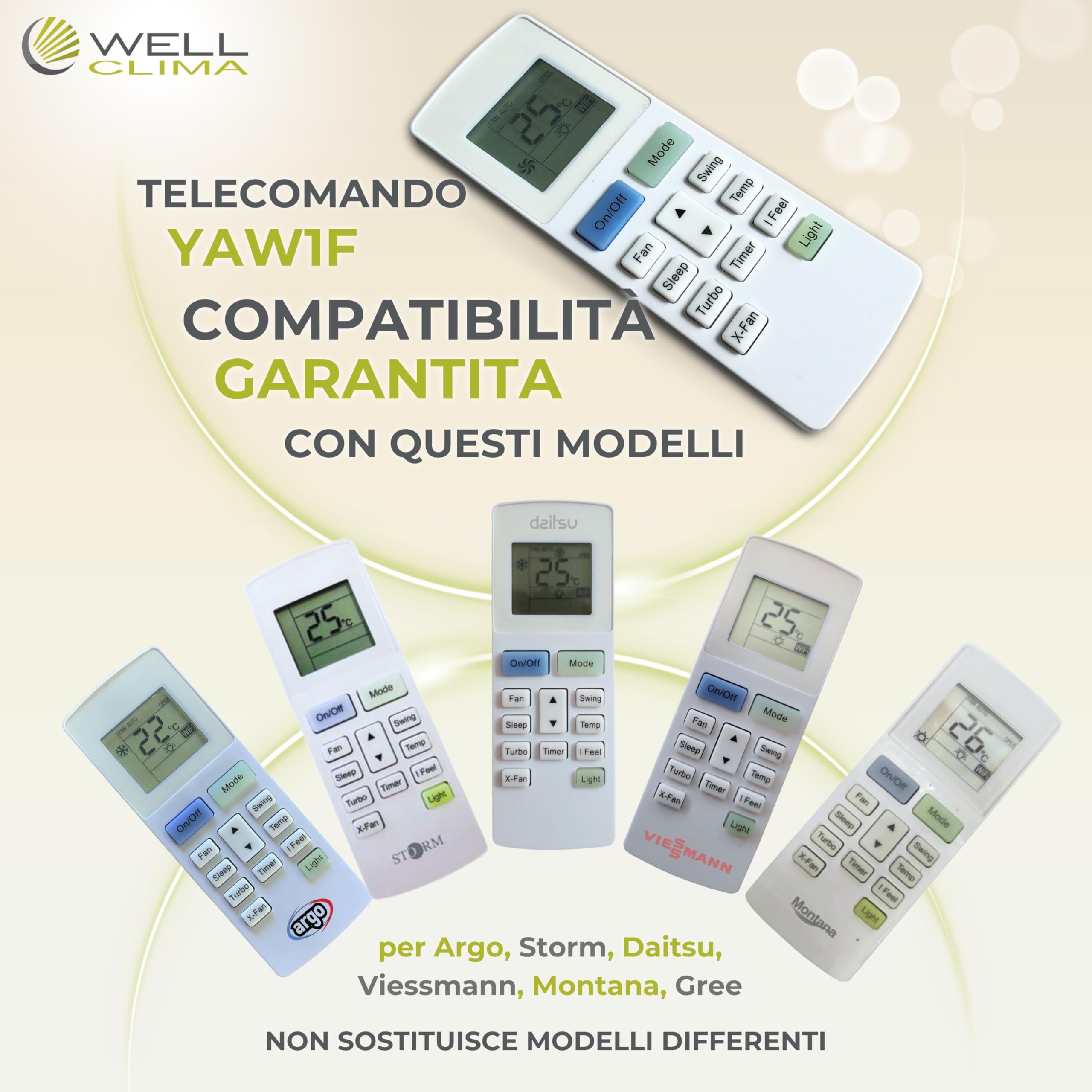 Wellclima Telecomando condizionatore YAW1F – Pronto all’uso, sostituisce solo modelli uguali di forma e codice– Per Gree, per Argo, per Viessmann, per Storm, per Montana, per Daitsu