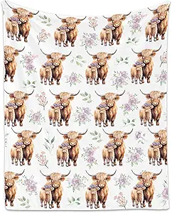 Highland Cow Blanket for Girls, Cozy Soft Throw Gifts, Cute White Flannel Throw Blankets for Couch Office, 40x50 Inches
