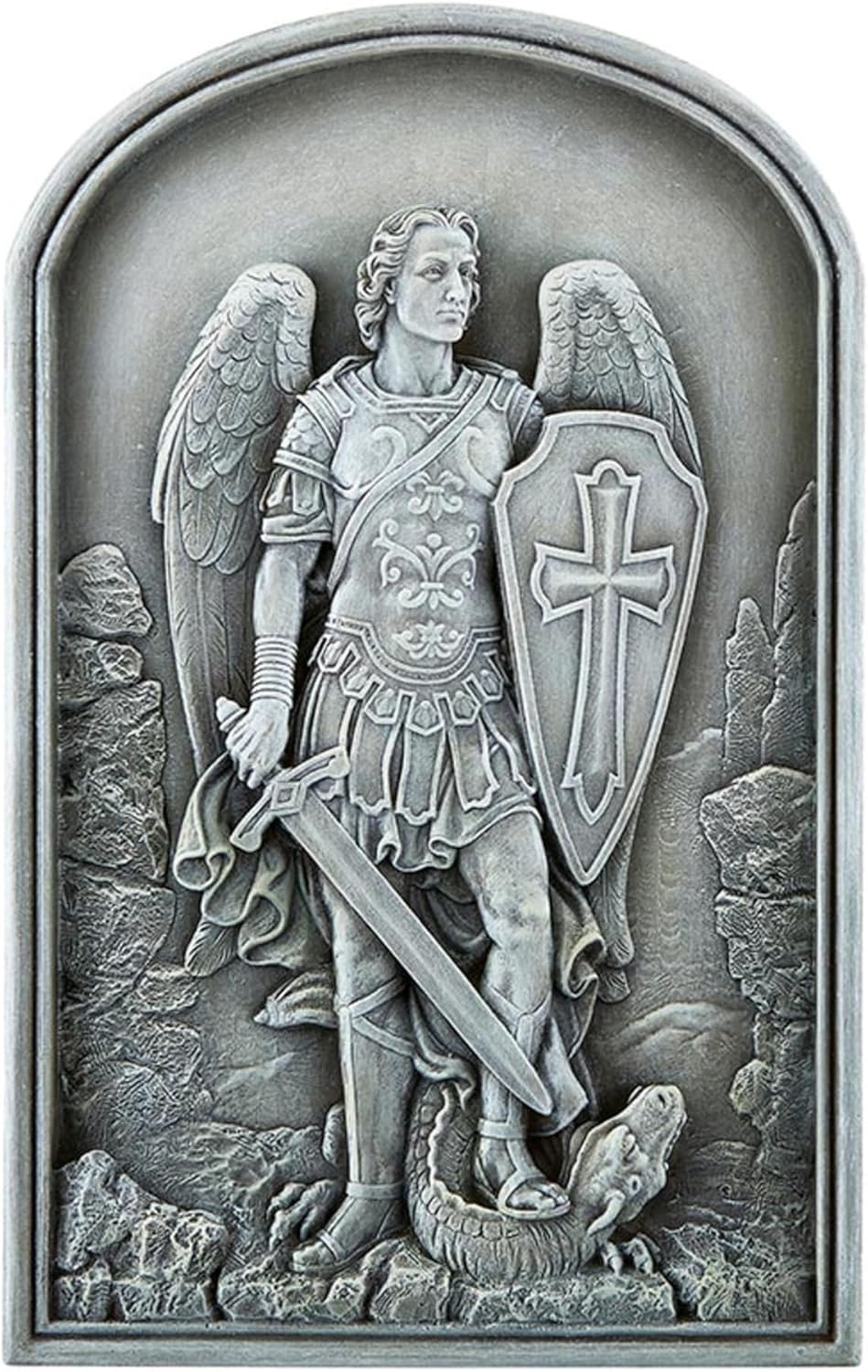 Archangel St. Michael Garden Plaque, Stone Resin Statue Cast, Outdoor Wall Decoration, 12.25 Inches