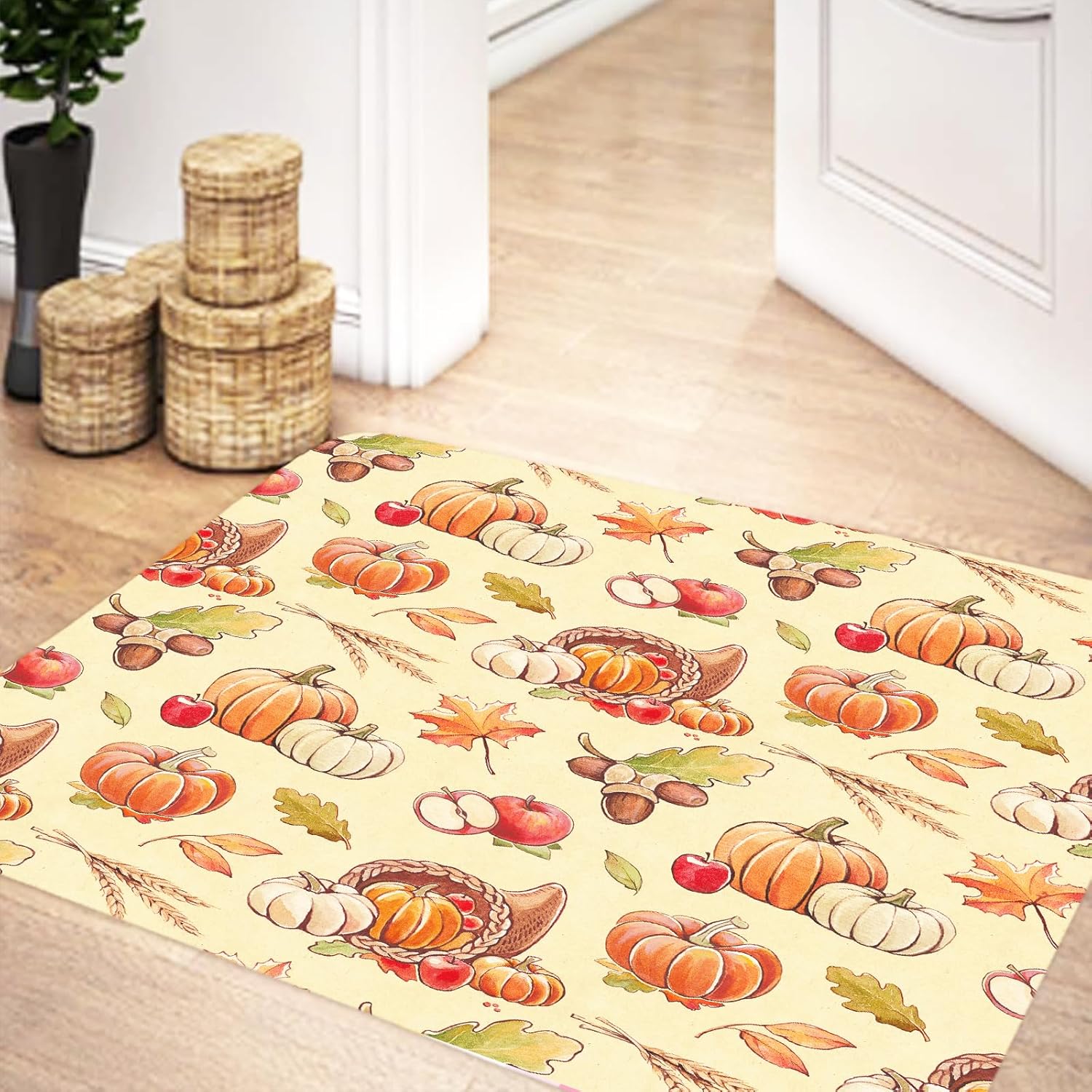 Fall Autumn Thanksgiving Yellow Pumpkin Bathroom Rugs Mat, Soft Non Slip Rubber Backed Bathroom Floor Mat, Bath Mat Home Decor for Kitchen Bedroom, Washable Floor Rug, 19X31 Inch.
