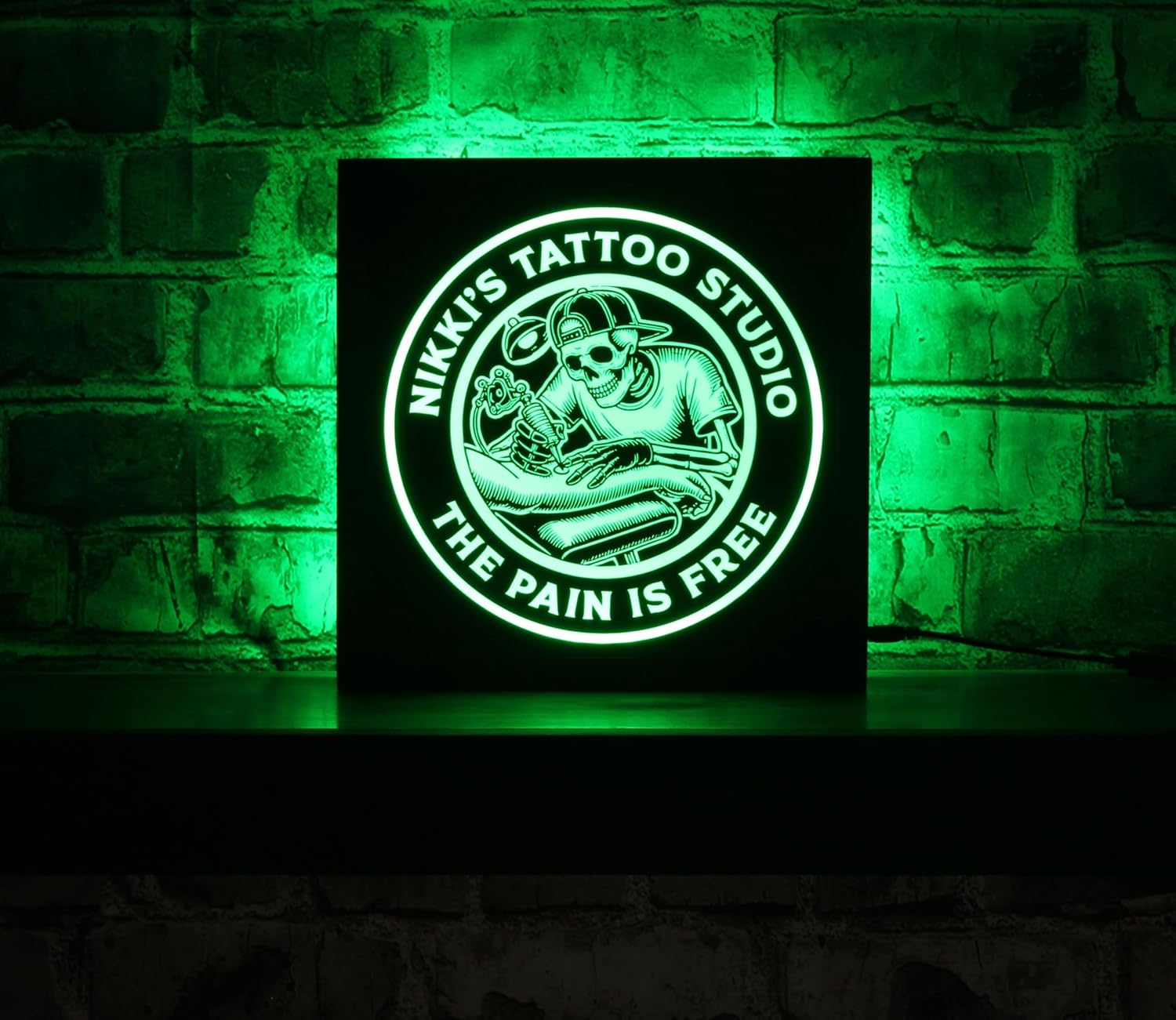 Personalized Tattoo Shop LED Sign – Skeleton Tattoo Artist Parlor Light Box Wall Decor – Custom Name Studio Sign for Tattoo Artists, Ink Shops & Parlors – RGB Remote – 12x12 – by Bones & Smoke Co