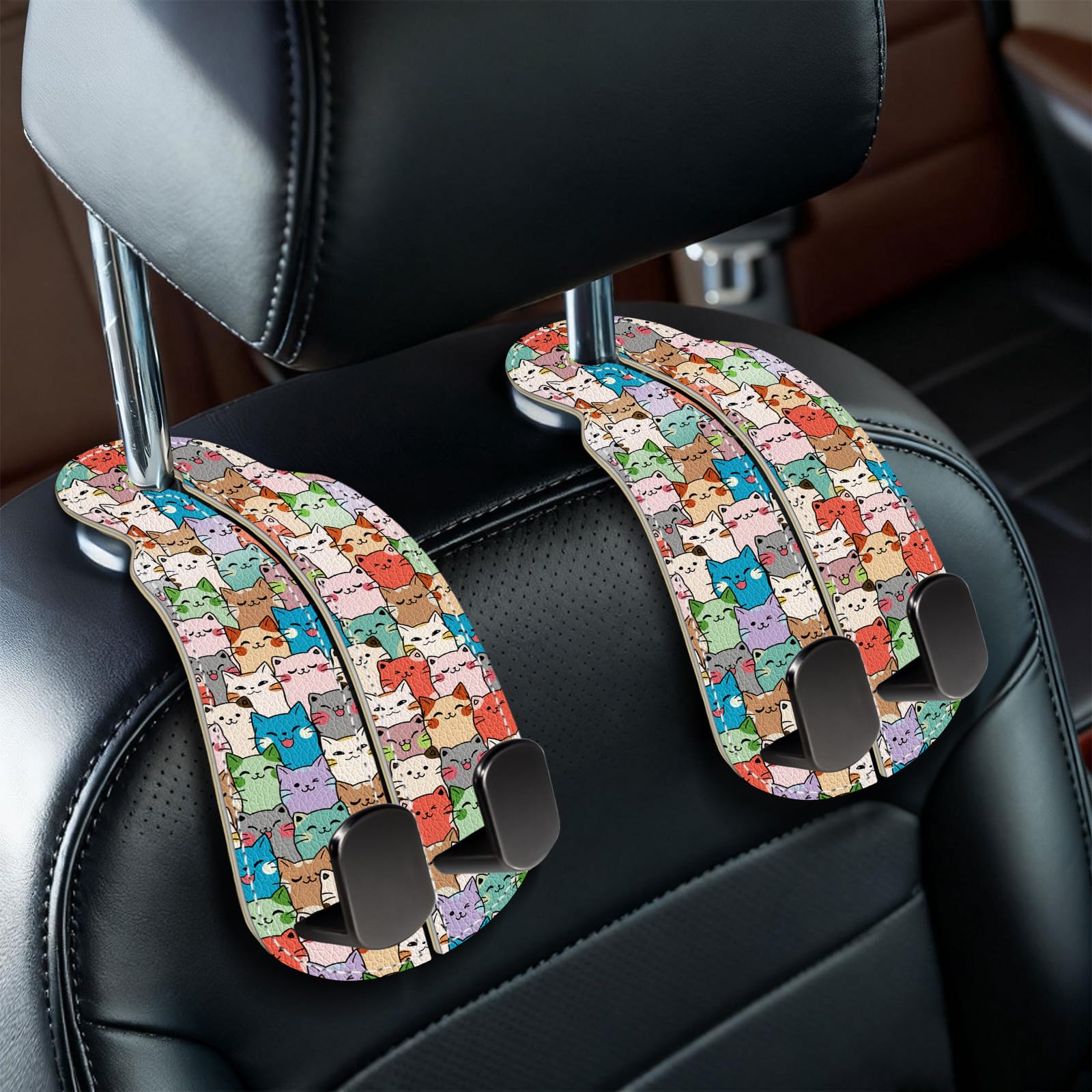 Blusabaca 2PCS Car Seat Back Storage Headrest Hooks, Cute Cats Purse Holder Bags Hanger, PU Leather Double Metal Hook for Backseat Organizer, Women