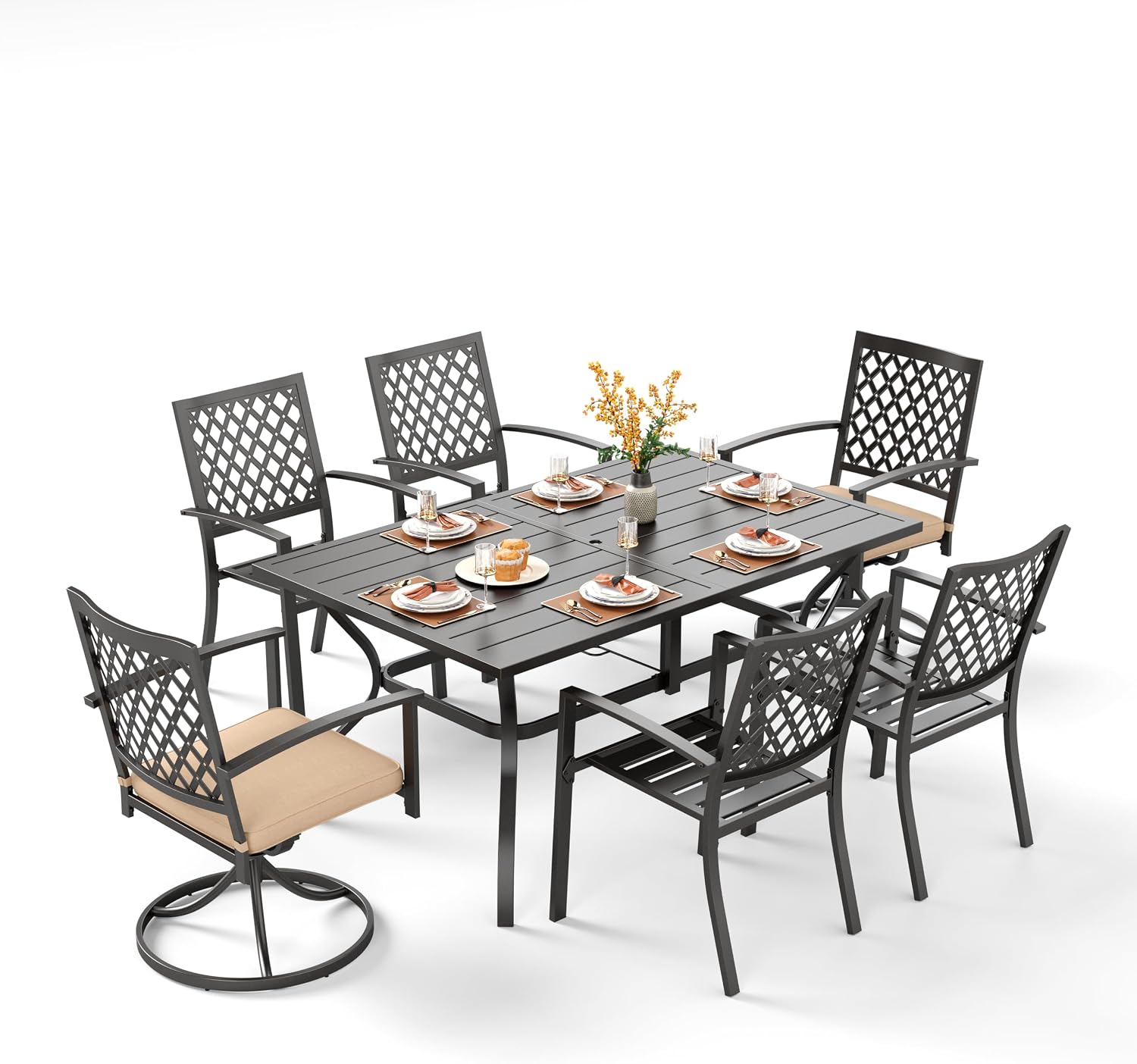 PHI VILLA 7 Pieces Outdoor Dining Set for 6, 60” Rectangular Black Metal Table with Umbrella Hole & Fixed Swivel Chairs Combo, Outside Furniture for Patio, Deck, Backyard, Porch