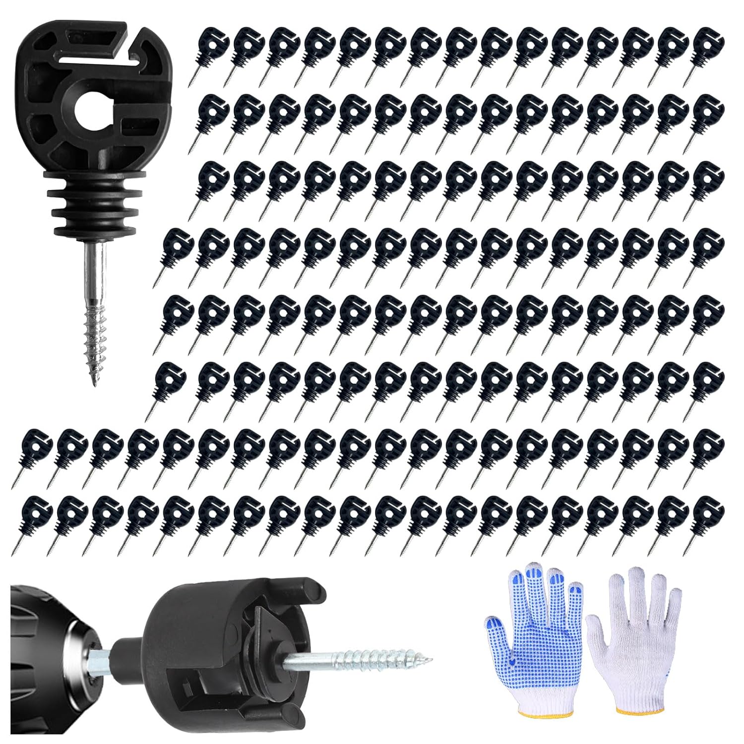 100Pcs Multifunction Electric Fence Insulator for Wire/Tape/Rope Screw-in Ring Post Wood Post insulators and1 Pc Free Insulator Socket Tool(Grid System Accessories for Animal Husbandry Electronic)