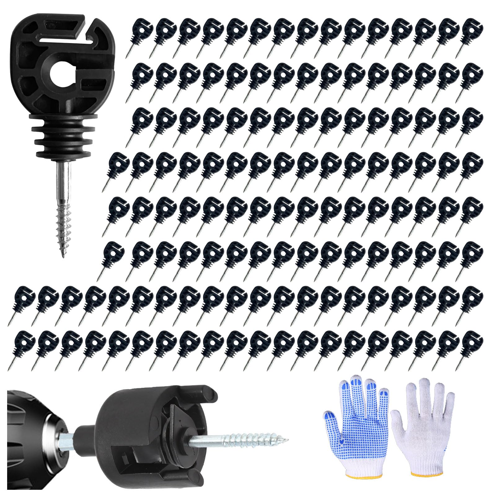 100 aisladores eléctricos multifunción para alambre/cinta/cuerda/cuerda de anillo atornillado, postes de madera y 1 herramienta de enchufe aislante gratuita (accesorios de sistema de rejilla para cría