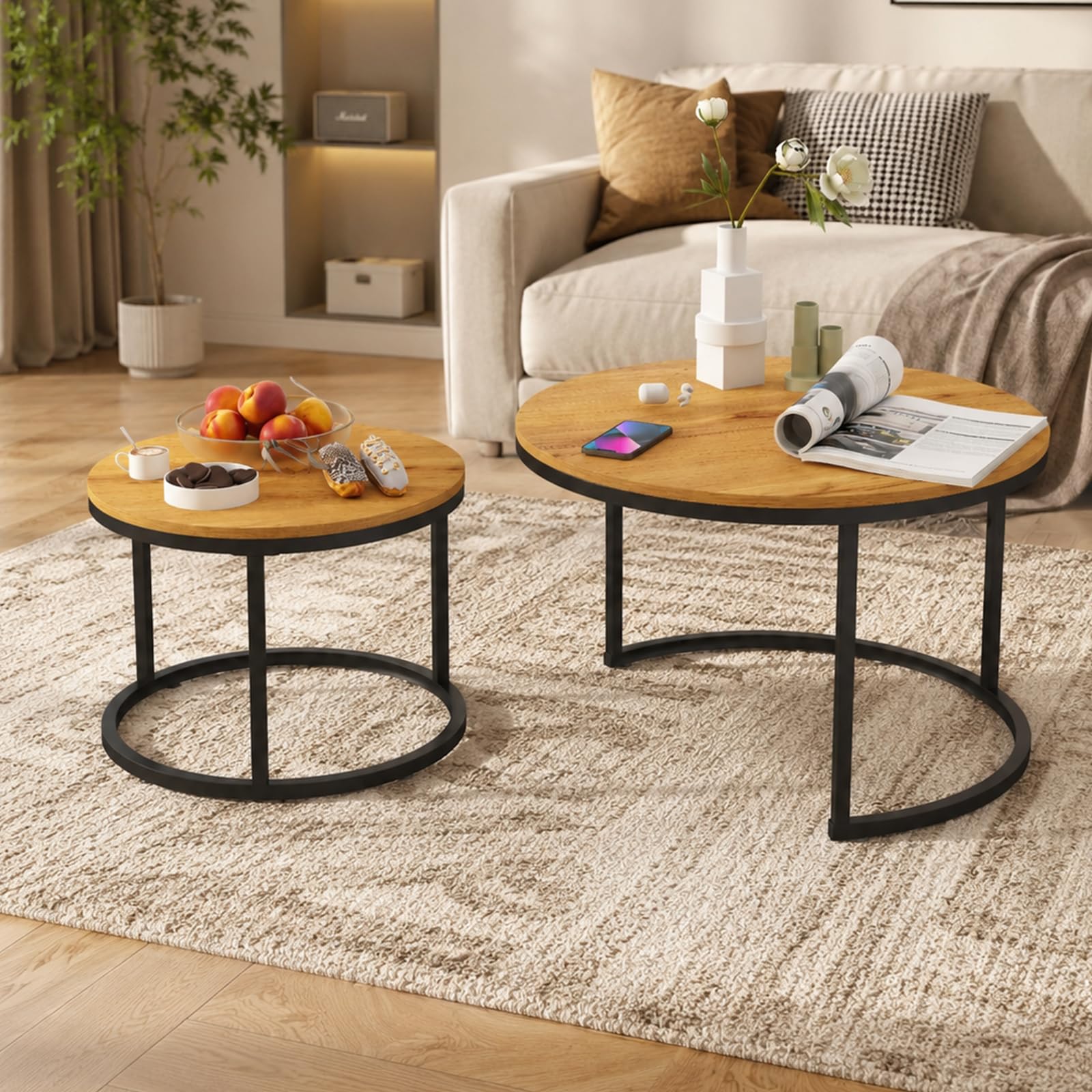 Juego de 2 Unidades Mesas Nido Salon, Mesa de Centro Redonda con Patas de Metal Negro, Mesa Centro Madera, Mesa Auxiliar Salon, Mesas Centro Salon