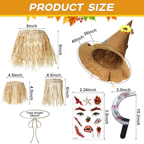 Miniatura 2 de Disfraz de espantapájaros de Halloween, incluye sombrero de espantapájaros, kit de paja de espantapájaros de rafia, tatuajes faciales, accesorio de