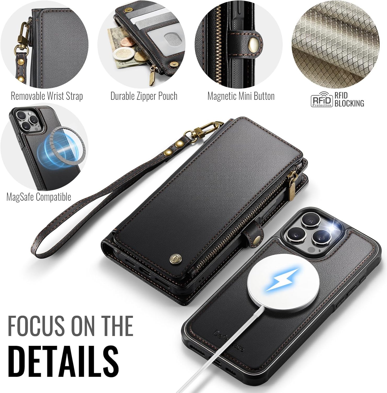 Defencase for iPhone 15 Pro Max Magnetic Wallet Case Compatible with Magsafe with RFID Blocking Zipper Strap Card Holder for Women Men, PU Leather Detachable Case for iPhone 15 Pro Max (6.7"), Black