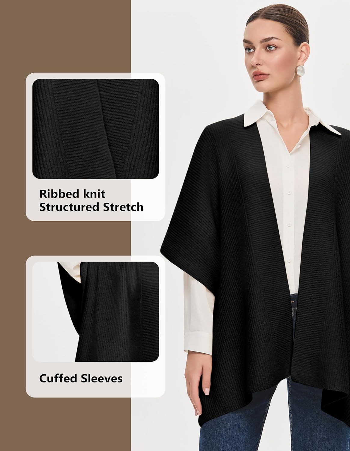 PULI Womens Luxury Open Front Shawl Wraps Casual Chunky Warm Capes Ribbed Knit Poncho Travel Sweater for Fall Winter - Image 6