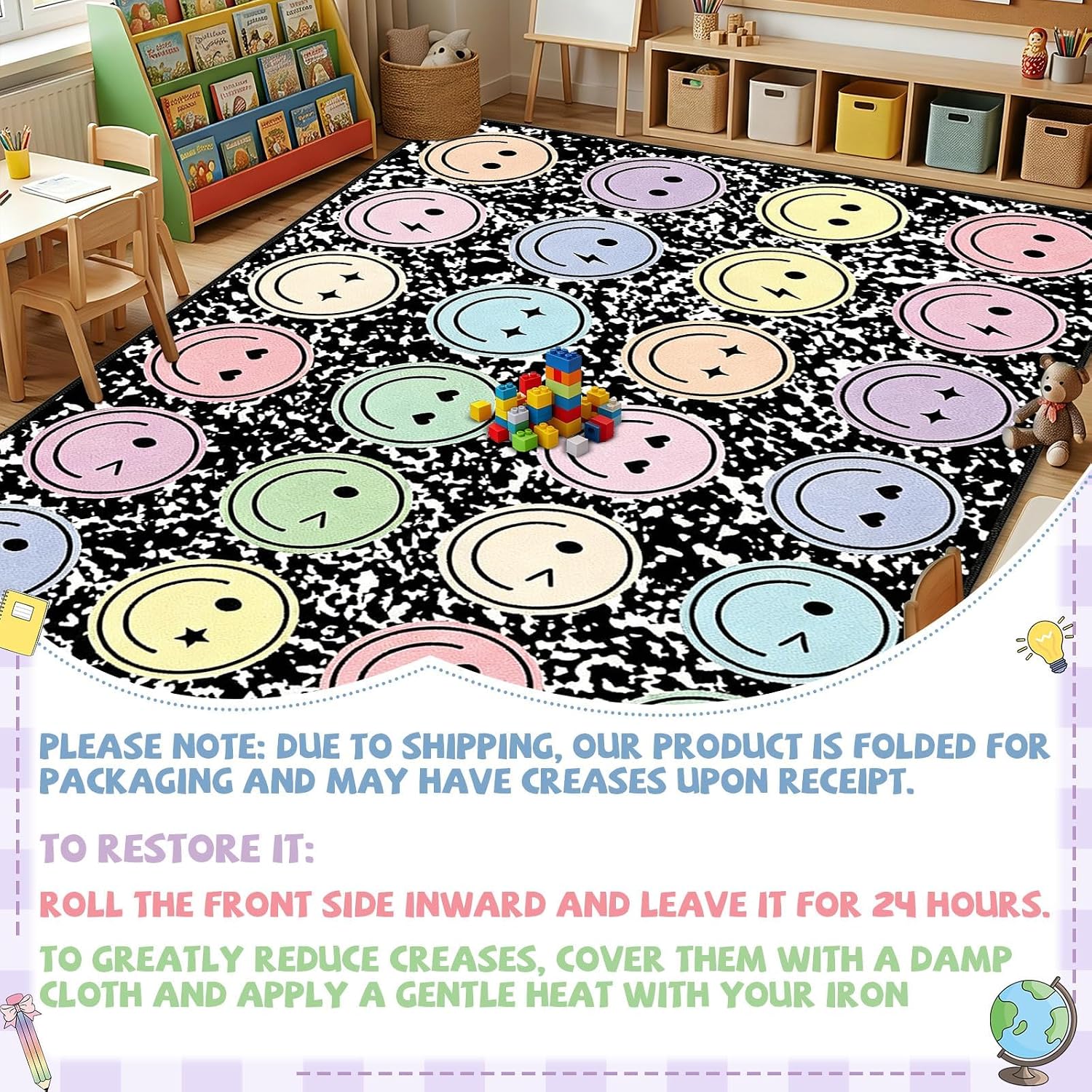 7.6x12 ft Large Smile Face Classroom Rug Happy Face Educational Area Mat Composition Notebook Play Carpet Back to School Learning Mat for Preschool Playroom Nursery Kindergarten(Black and White)