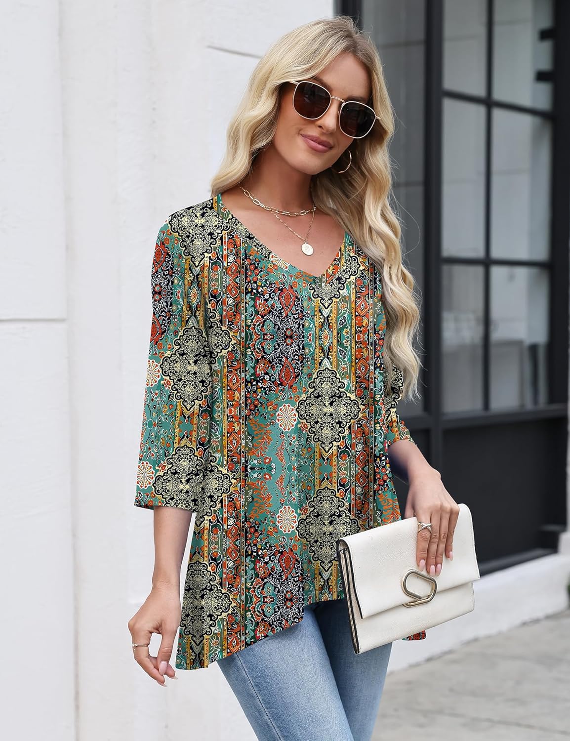 LUYAA Business Casual Outfits for Women Casual Work 3/4 Sleeve Tops Womens Tops Cotton Loose Fit Spring Shirts Retro Ethnic Print 3XL - Image 3