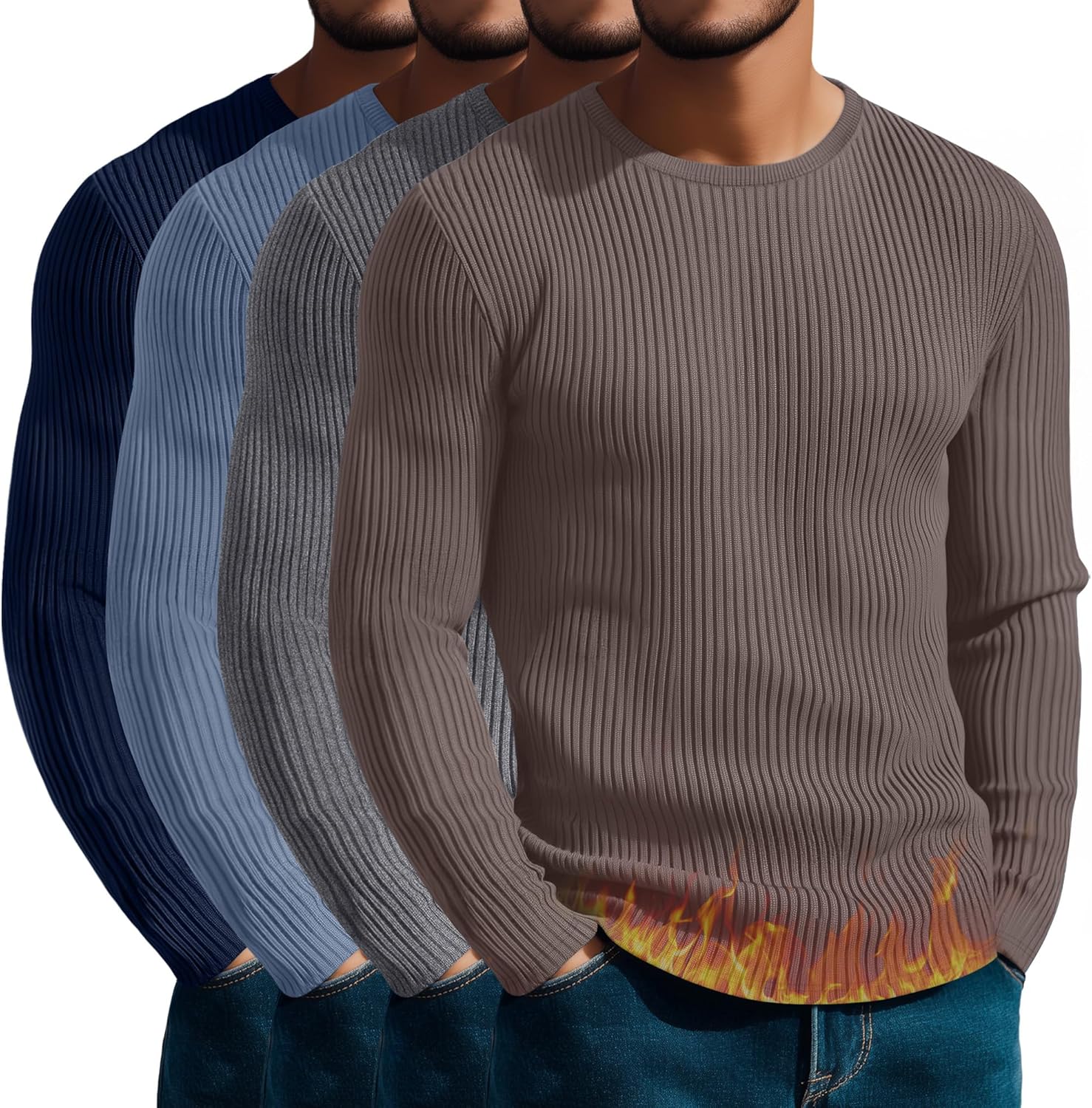 August Alley 4 Pack Men's Cotton Thermal Long Sleeve Shirts Ribbed Crew Neck Tops Slim Fit Undershirts Fall Winter Base Layer