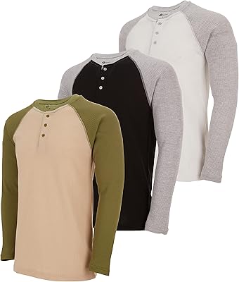 DARESAY 3 Pack: Thermal Long Sleeve Tee Shirt for Men- Henley & Crew Long Sleeve Shirts for Men – Mens Long Sleeve T Shirts