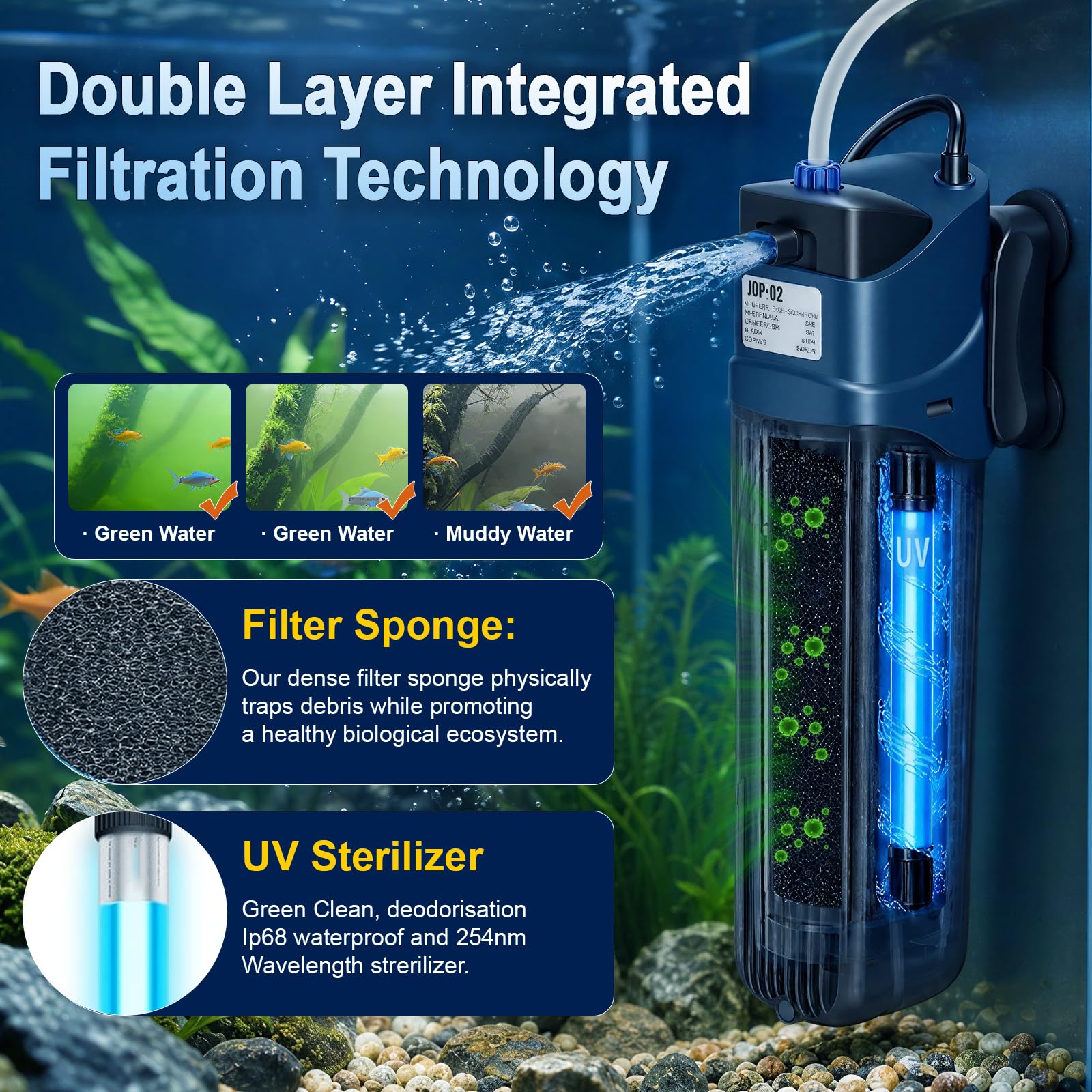 coospider-repta Filtre d'aquarium 132 GPH vert propre submersible machine U-V pour aquarium pour aquarium de 10 à 90 gallons