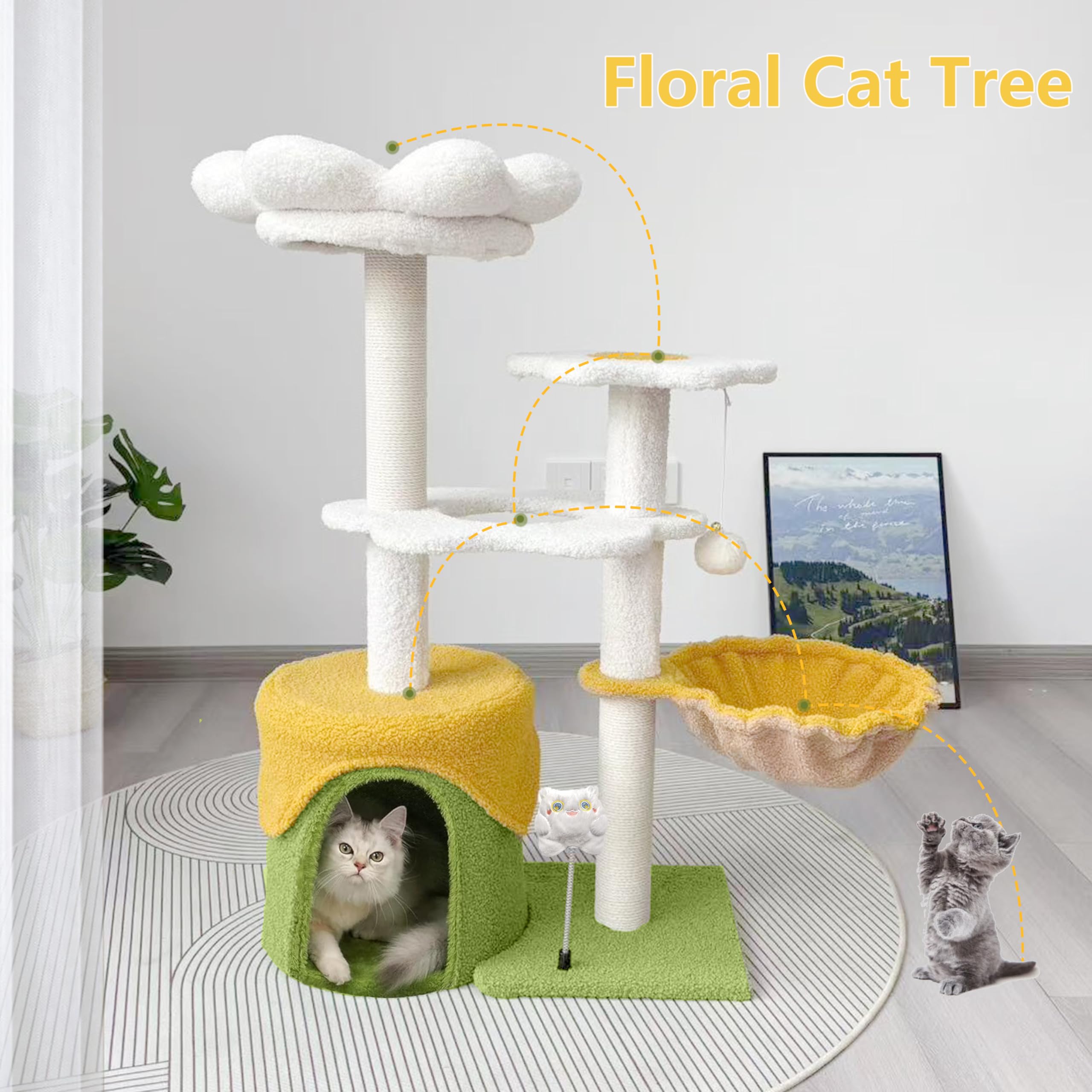 KWOJU Flower Cat Tree 36 Inches for Indoor Cats, Multi-Level Cat Tower with Scratching Posts, Removable Flower Bed Perch, Plush Cat Condo, Cozy Hammock, Ball Toy, Activity Center for Kittens
