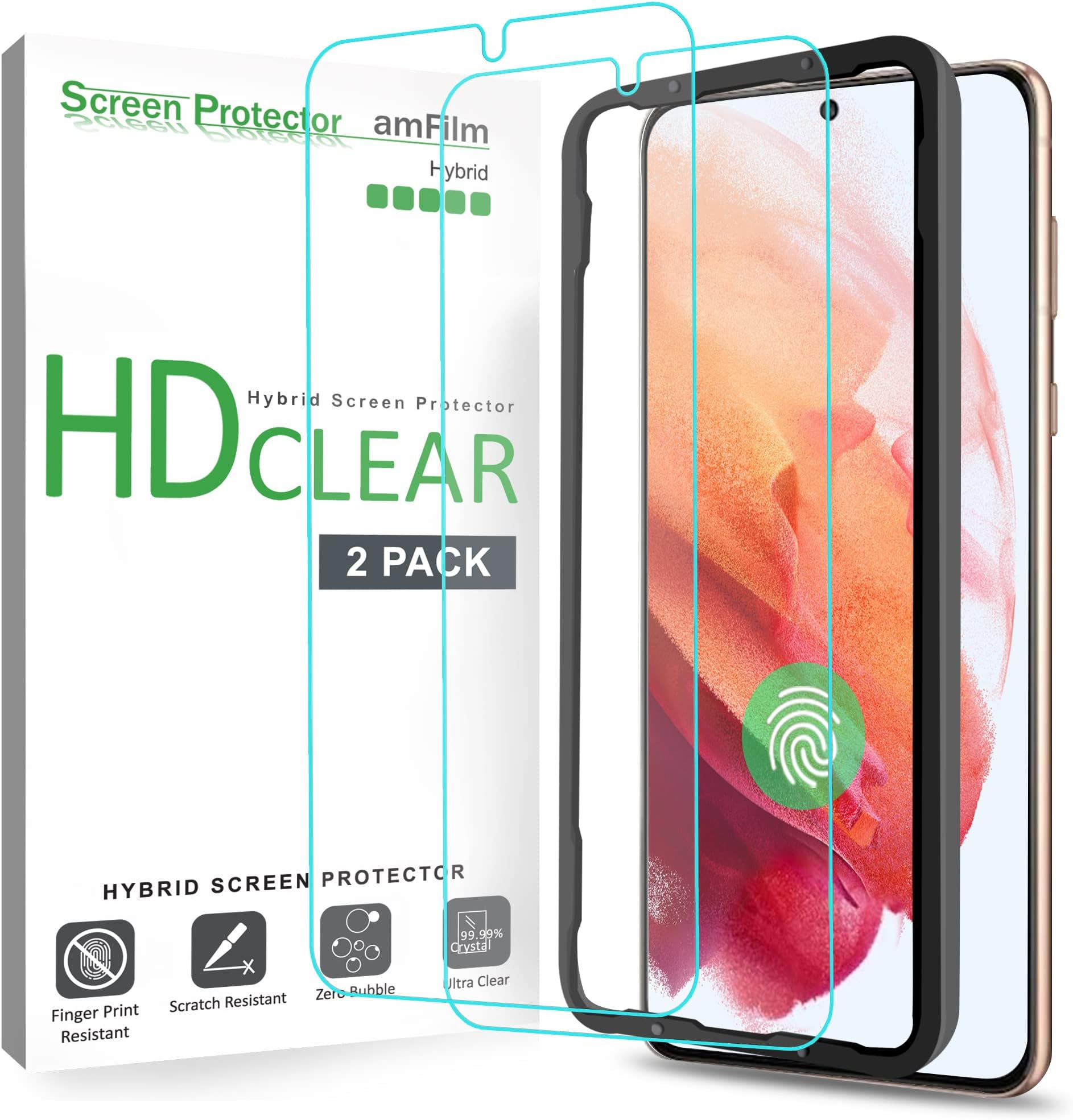 (2 Pack Screen Protector for Samsung Galaxy S21 5G 6.2 inch (2021), Fingerprint ID Compatible, HD Clear, Scratch Resistant Hybrid, Case Friendly with Easy Installation Tray