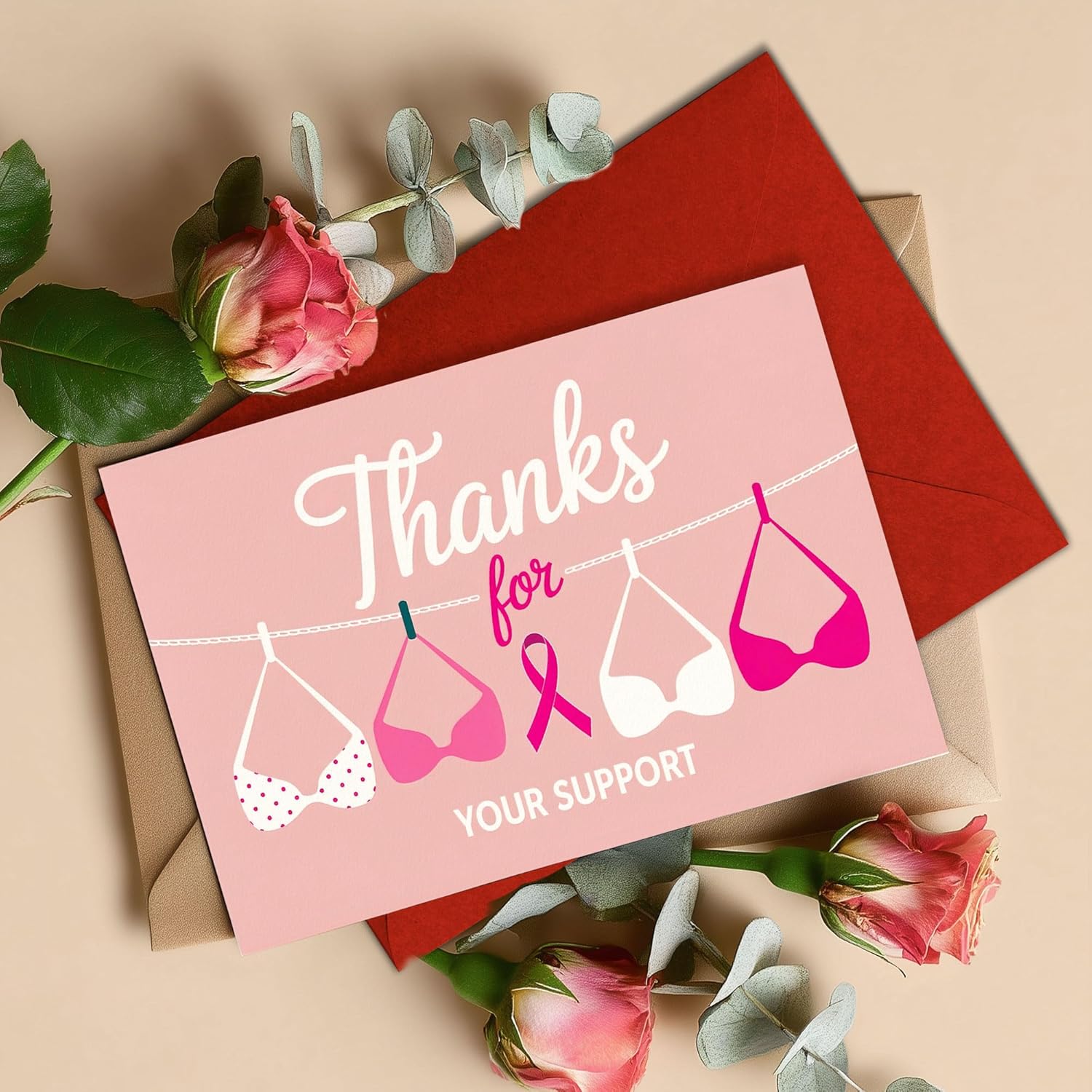 Breast Cancer Support Card – 'Thanks for Your Support' with Pink Bras and Ribbon Design – Inspirational Thank You Card for Breast Cancer Fighters and Survivors – Funny & Heartfelt Message – 8x5.3 Inch - Image 5