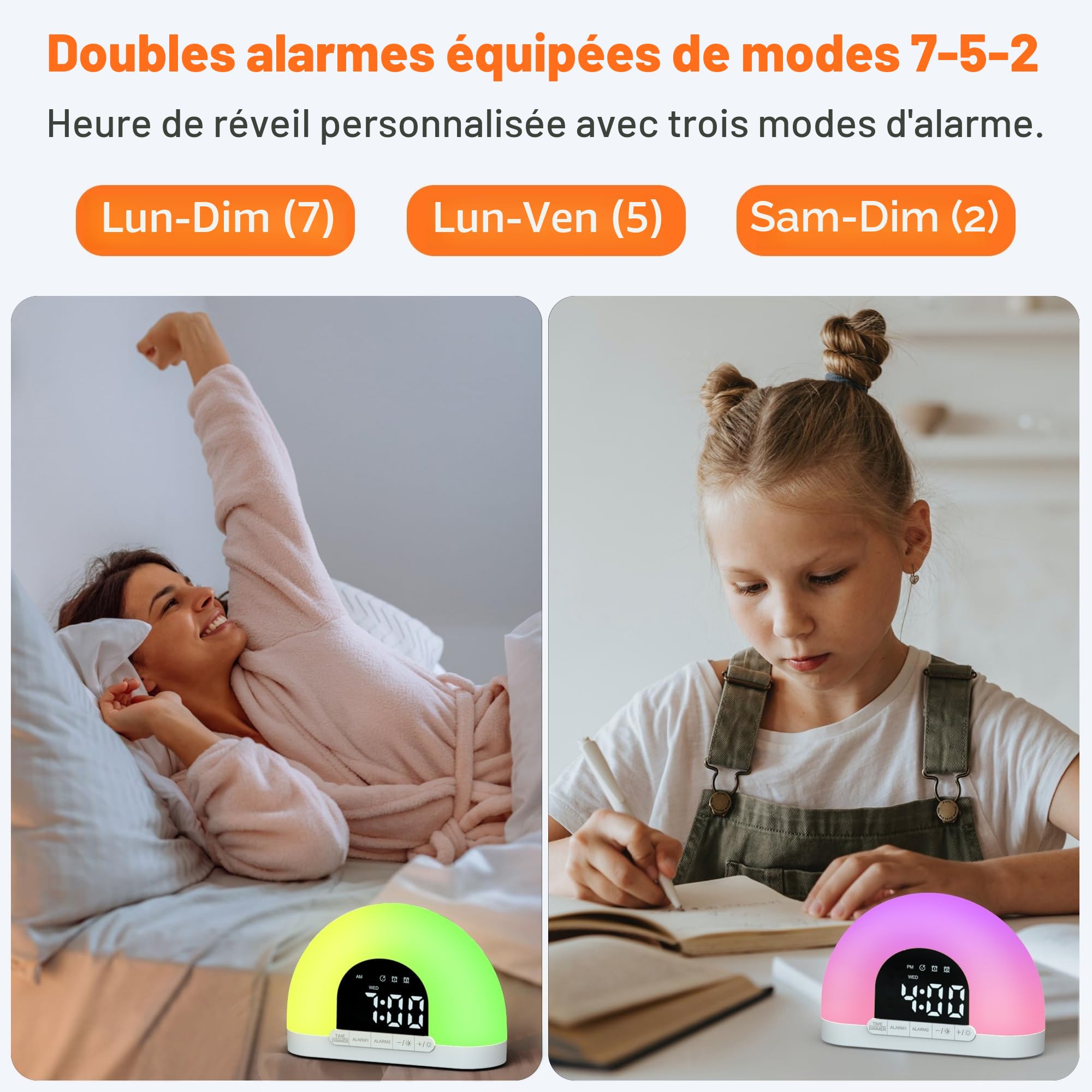 Réveil lumineux avec Simulation du Lever du Soleil, Lampe de Réveil avec Double Alarme, Veilleuse, Répétition, 7 Sons d'Alarme, Modes 7-5-2 pour Enfants, Adultes, Gros Dormeurs, Chambre à Coucher