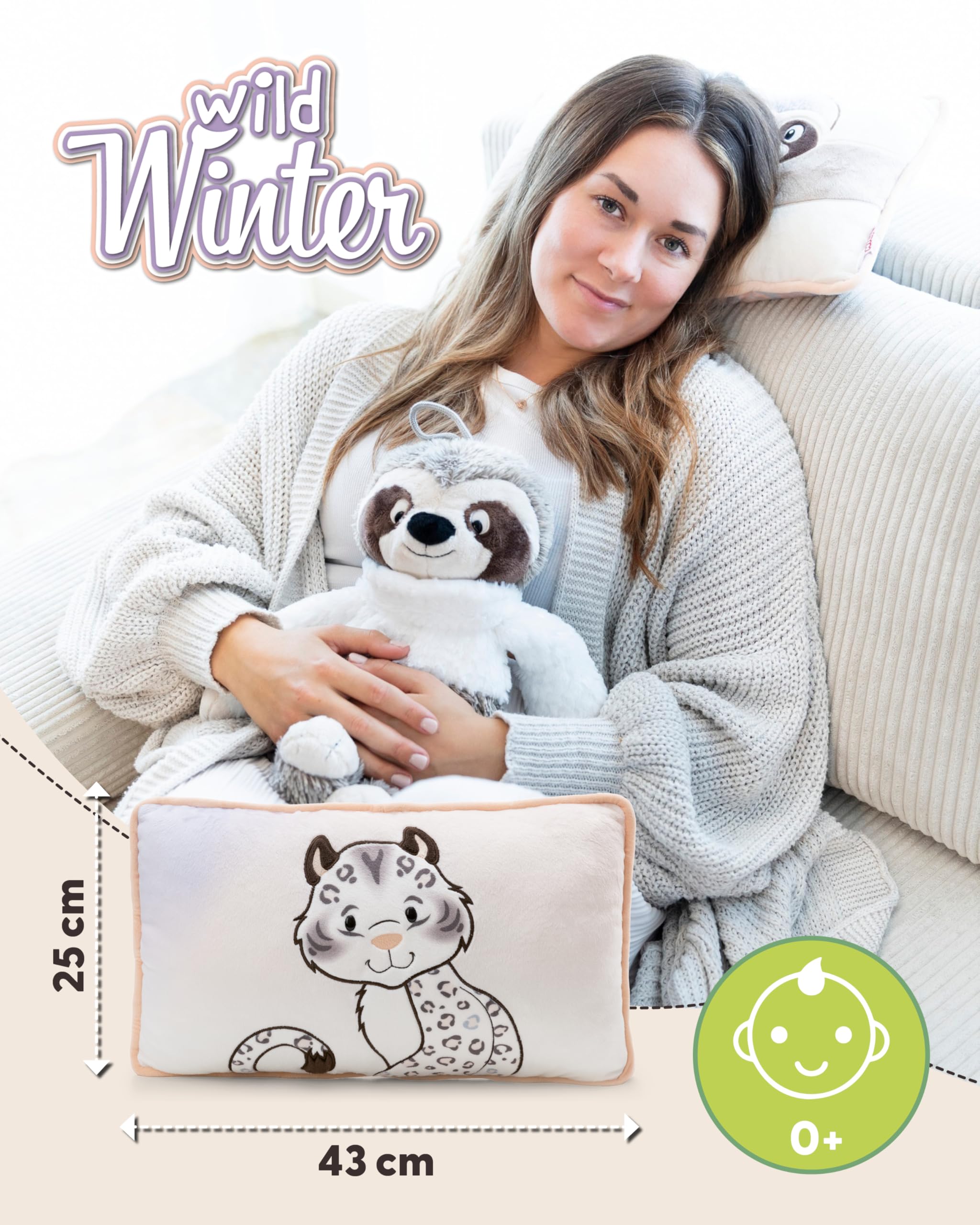 NICI 62445 Pluszowa poduszka, pantera śnieżna Eleni Snowbell, puszysta poduszka do przytulania dla dzieci i dorosłych, idealna do domu, przedszkola lub na podróż, 43 x 25 cm, biała