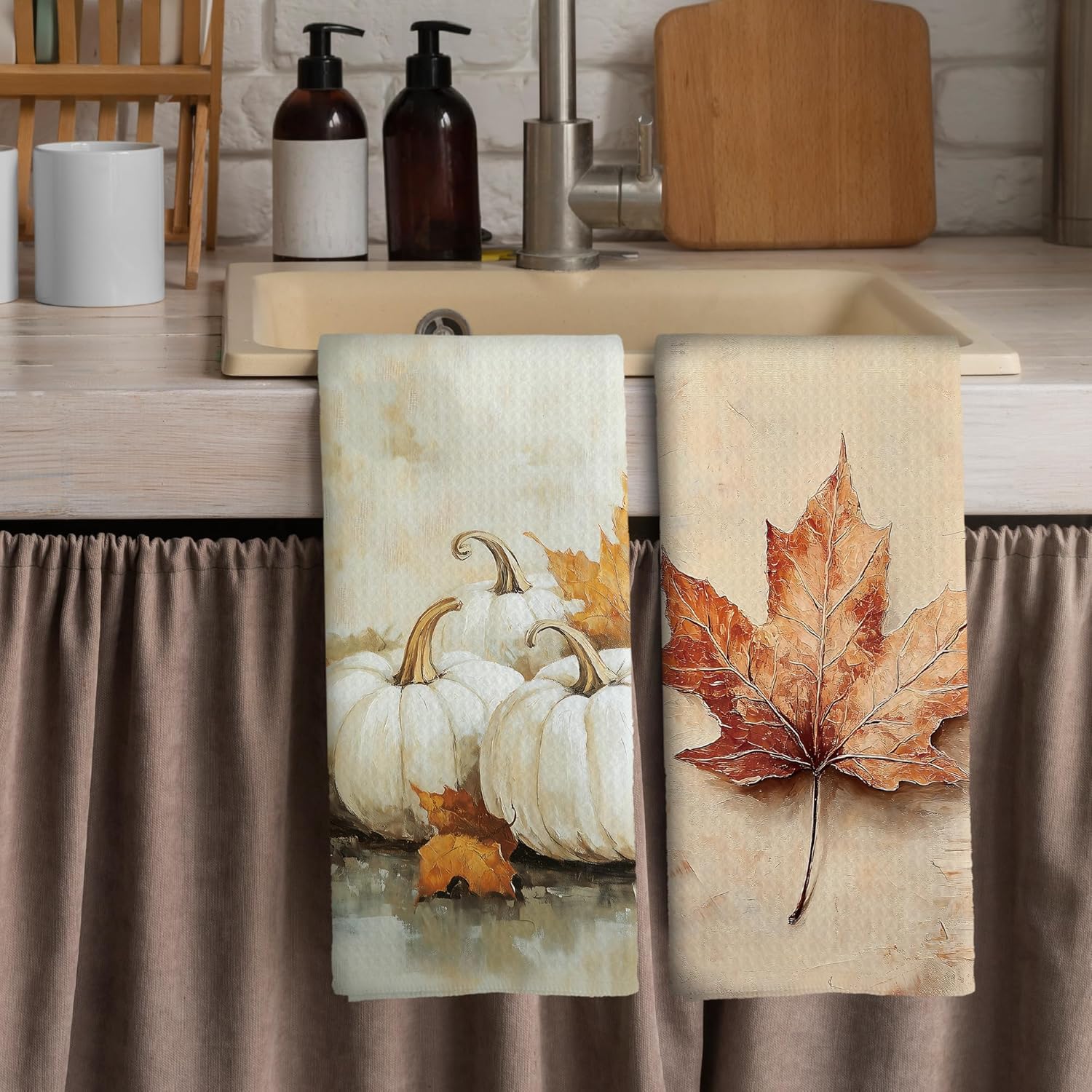 Vintage Fall Kitchen Towels - Autumn Pumpkin Leaves Dish Towels, Seasonal Thanksgiving Harvest Decorative Absorbent Dishcloths Hand Towels Set of 2 for Home Kitchen Decor 16x24 Inches - Image 3