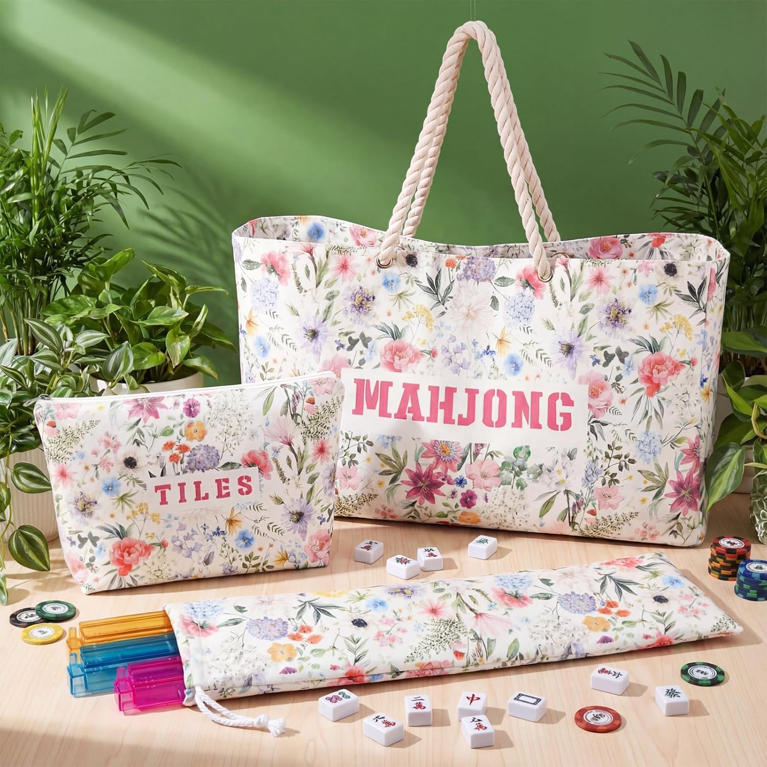 3 Pcs Empty Mahjong Bags Set for Tiles and Racks 24 x 13 x 4.7 Inches Floral American Mahjong Carrying Bag Tiles Bag Drawstring Protective Sleeve for Rack Party Travel, Case Only(Wildflower)