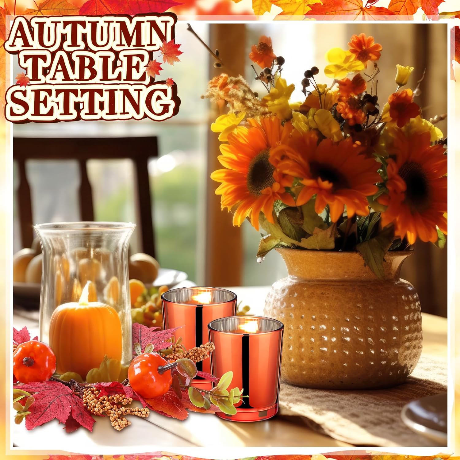 Umigy Set of 6 Fall Votive Candle Holders Thanksgiving Centerpieces Fall Candle Rings Wreaths with Glass Votive Tealight Holders for Table Decor(Maple Leaf,Red)