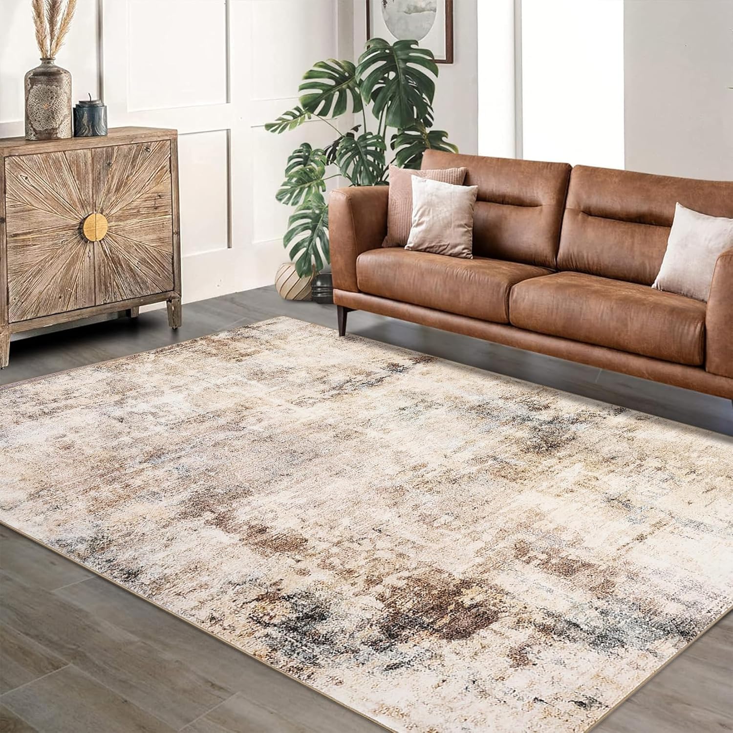 washable modern neutral area rug, low pile non shedding rubber backed for living room bedroom dining room brown 9 * 12ft beige 1'7" x 1'7" (rectangular)