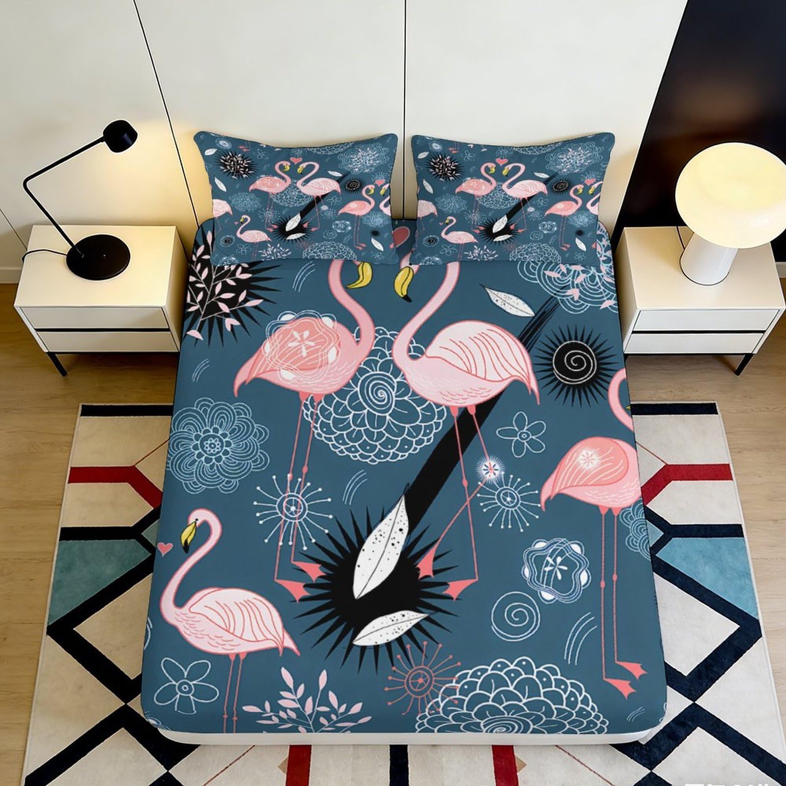 3D Printed Flamingo Fitted Sheet Microfiber Elastic Hem Deep Pocket for Bedroom Flamingo Mattress Fitted Cover All Ages Washable 140x200x25cm