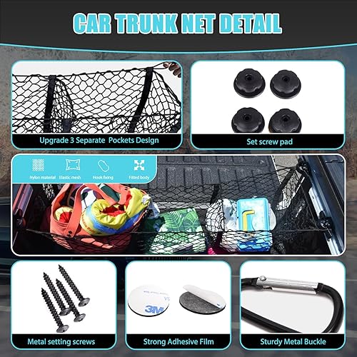 Miniatura 3 de Extensor de red de carga de 3 bolsillos, 47.2 x 11.8 pulgadas, organizador de malla para caja de camión con gancho de metal, red de carga resistente