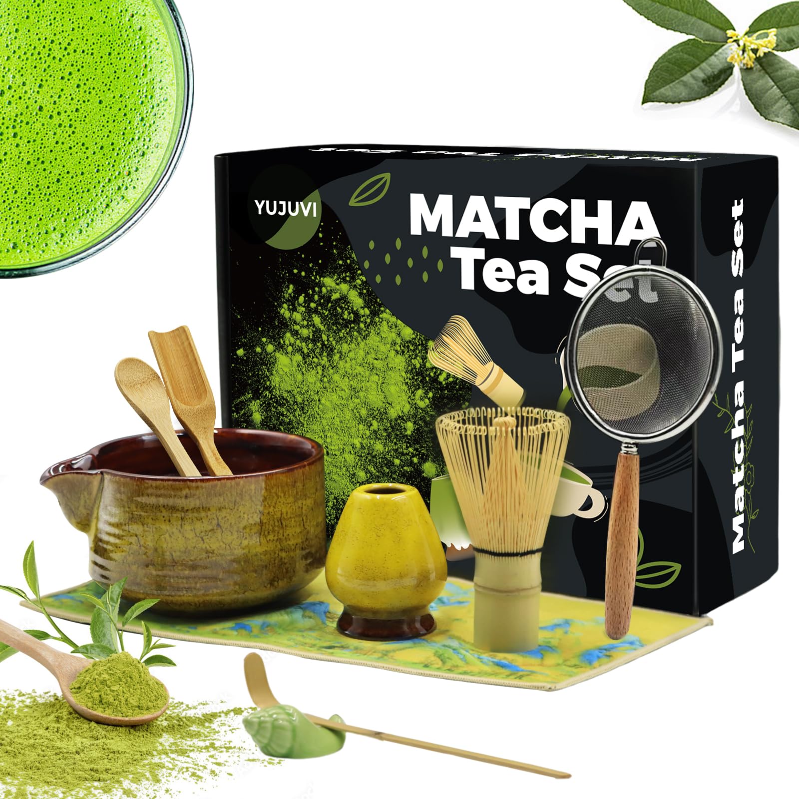 Artcome Set da tè matcha giapponese, ciotola con beccuccio versatore, frusta, paletta da tè, supporto per frusta in ceramica, contenitore per polvere Matcha, kit fatto a mano per cerimonia del tè