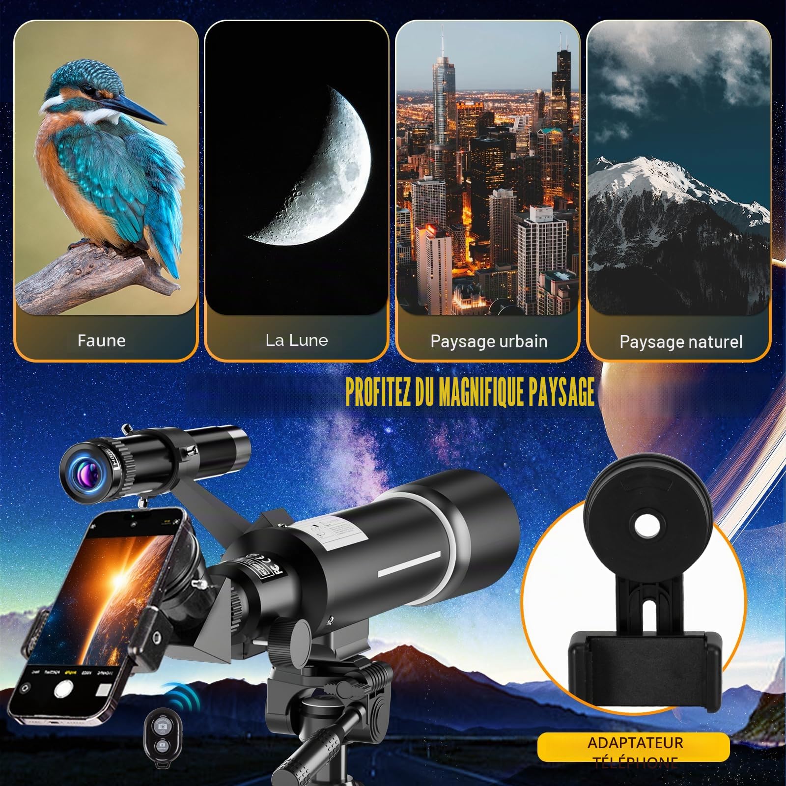 Télescope Astronomique Adulte Enfant, 500/70mm, 200x Lunette Astronomique Réfracteur avec Adaptateur de Téléphone Trépied et Filtre Lune et Chercheur pour Débutants Enfants et Amateurs pour Observer