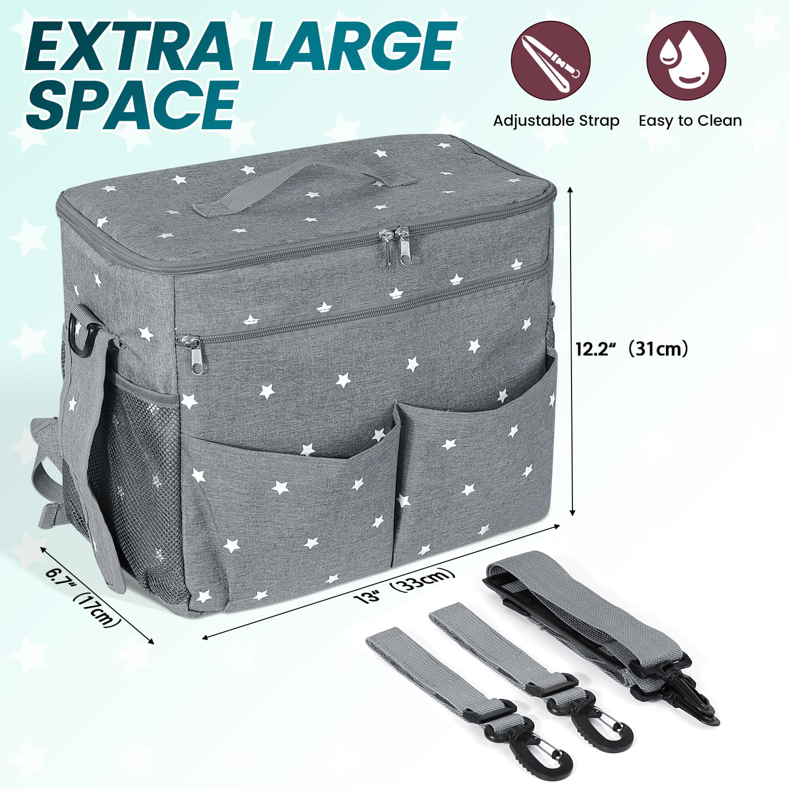 Orzbow Grande Borsa Passeggino,Impermeabile Borsa Neonato Passeggino con Porta Biberon,Multifunzionale Borsa Fasciatoio Passeggino con Divisorio Rimovibile,Fodera Isolata e Capacità di 22L (Grigio)