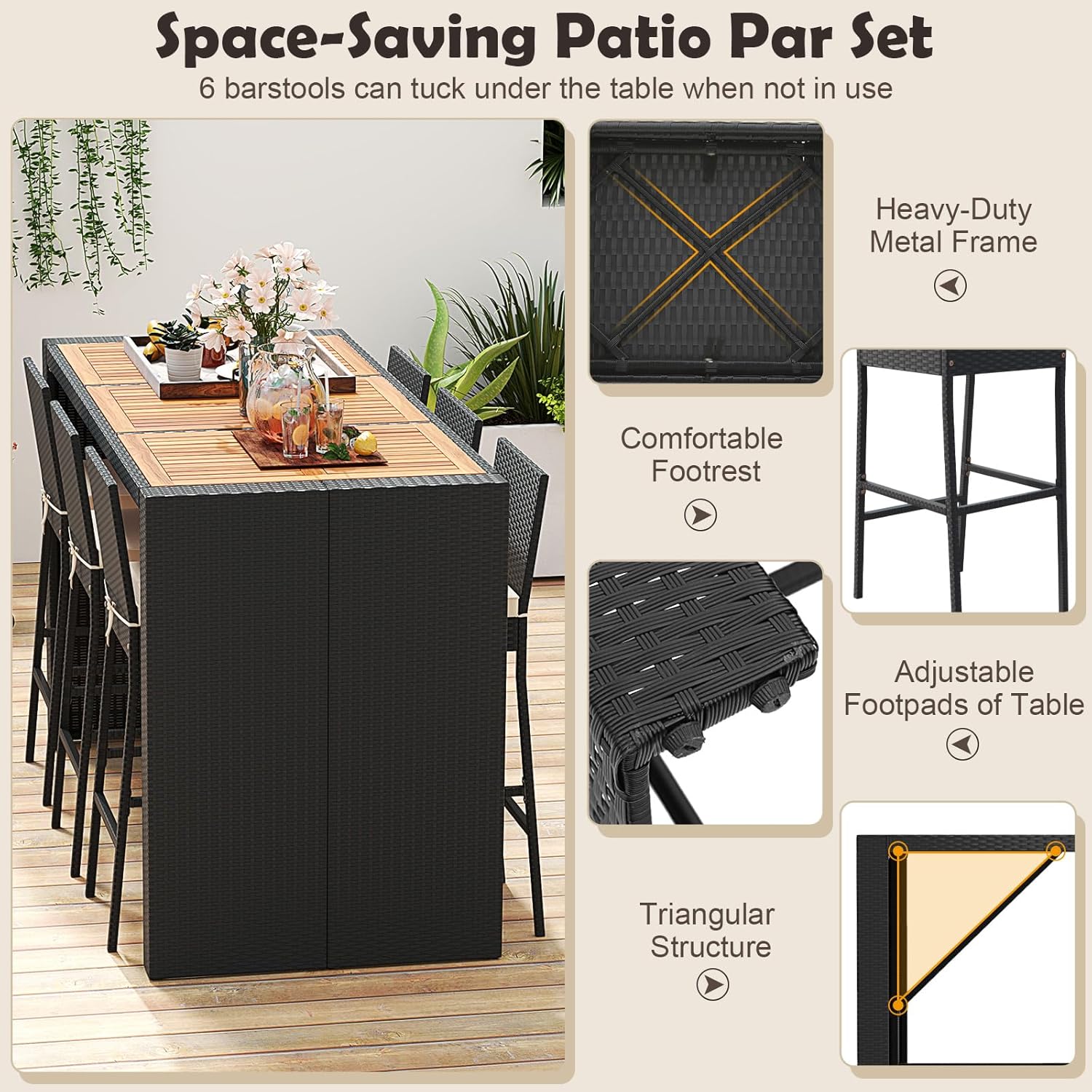 7 Piece Patio Wicker Bar Set, Rattan Bar Stools Set for Bistro with Acacia Wood Tabletop & Seat Cushions, Outdoor High Top Table and Chairs for Backyard Garden Porch Poolside (73 Inch)
