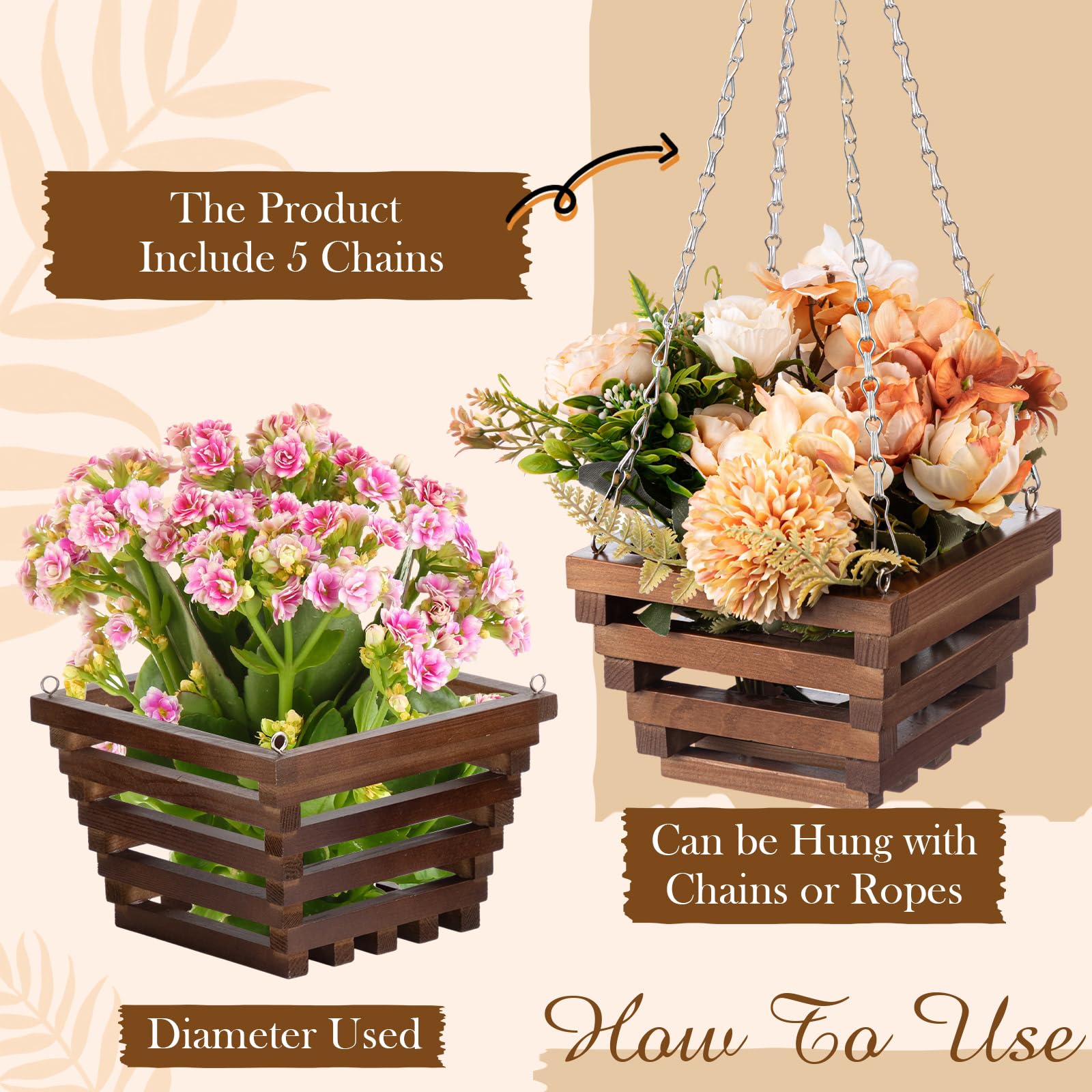 SiliFine 5 cesti in legno per orchidee con ganci, in legno di pino, rustici, per orchidee, fatti a mano, per interni ed esterni, giardino, felci e fiori (15,2 cm, 20,3 cm, 25,4 cm)