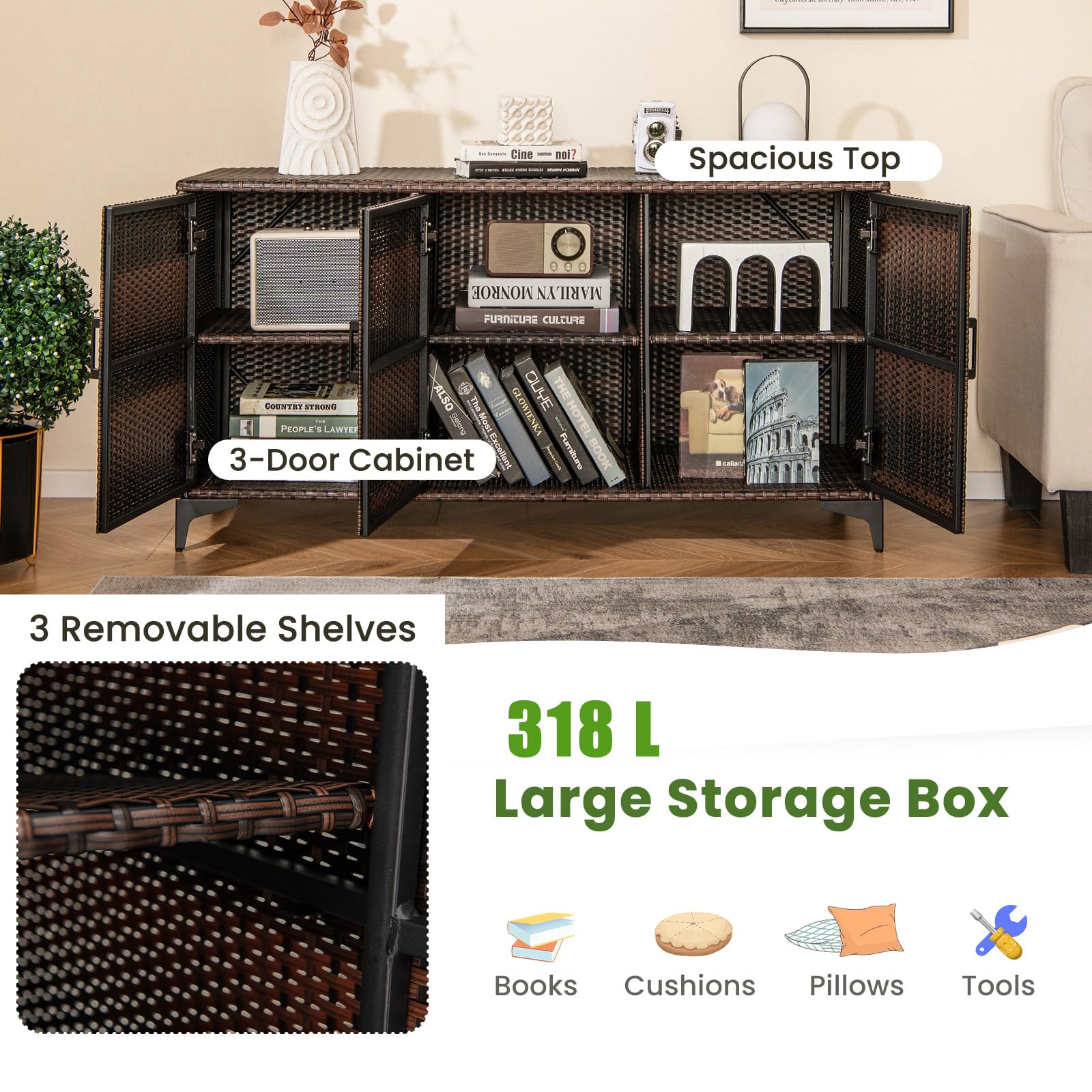 LIFEZEAL 318 L Coffre de Rangement Extérieur en Rotin PE avec 6 Compartiments, Etagères Amovibles, 3 Portes, Grande Boîte Etanche pour Balcon, Intérieur, 135x50x70,5 cm (Marron)