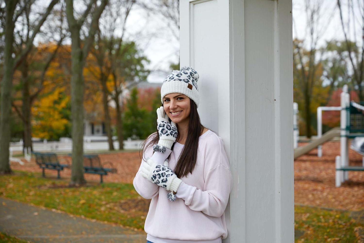 Funky Junque Women’s Leopard Print Pom Beanie & Gloves Set – Cozy Knit Winter Hat, Stylish Cheetah Cold Weather Accessories - Image 2