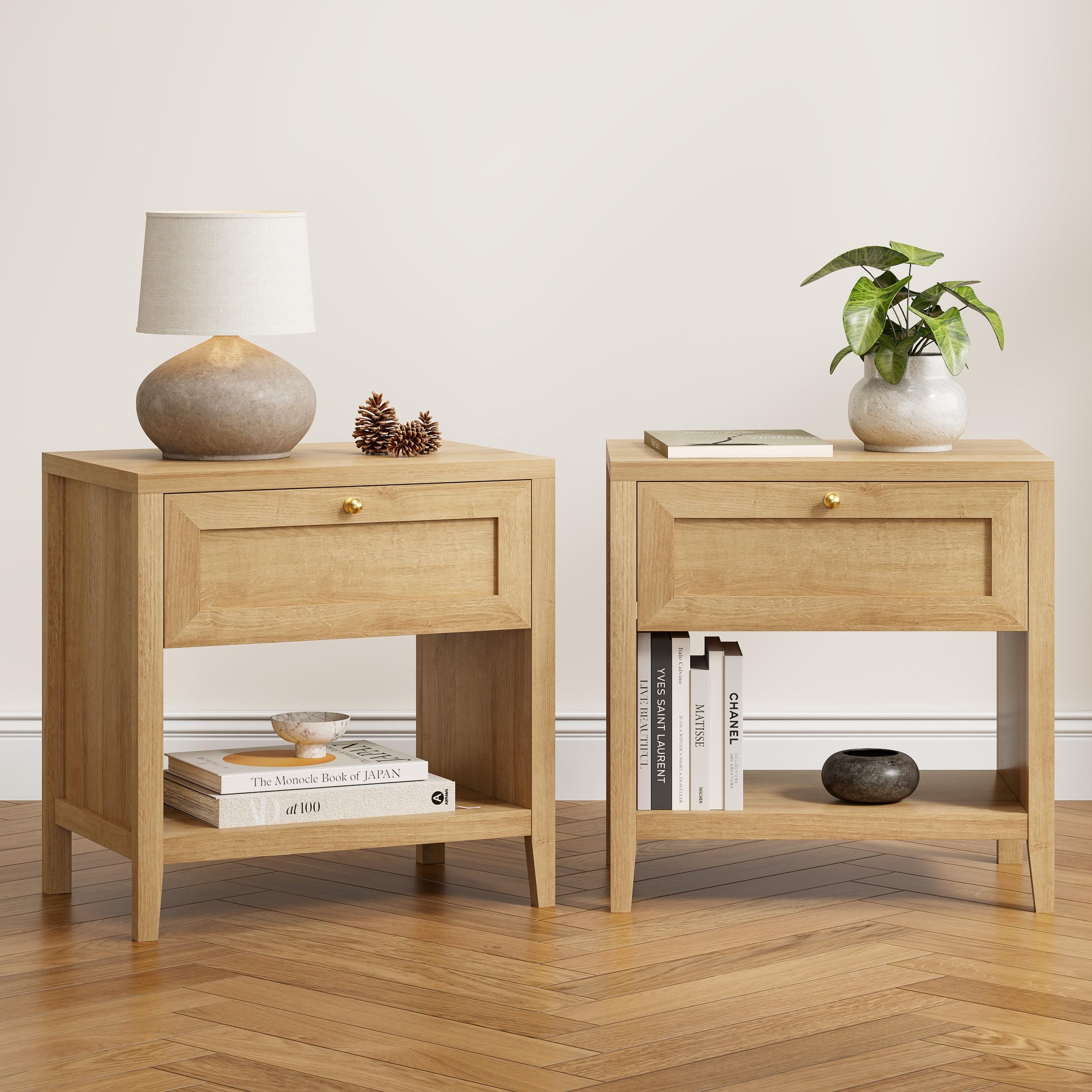 Farmhouse Nightstands Set of 2, Modern End Table with Open Shelf and a Drawer, Large Wooden Bedside Table for Living Room, Bedroom, Natural Oak