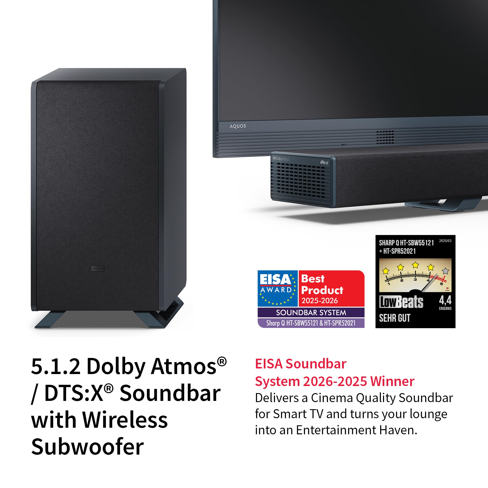 SHARP HT-SBW55121(BK) Barre de Son 5.1.2 canaux avec Caisson de Basses sans Fil - Audio Home cinéma 650 W, Dolby Atmos, DTS:X, Bluetooth 5.3, HDMI eARC, Passthrough 4K - Noir