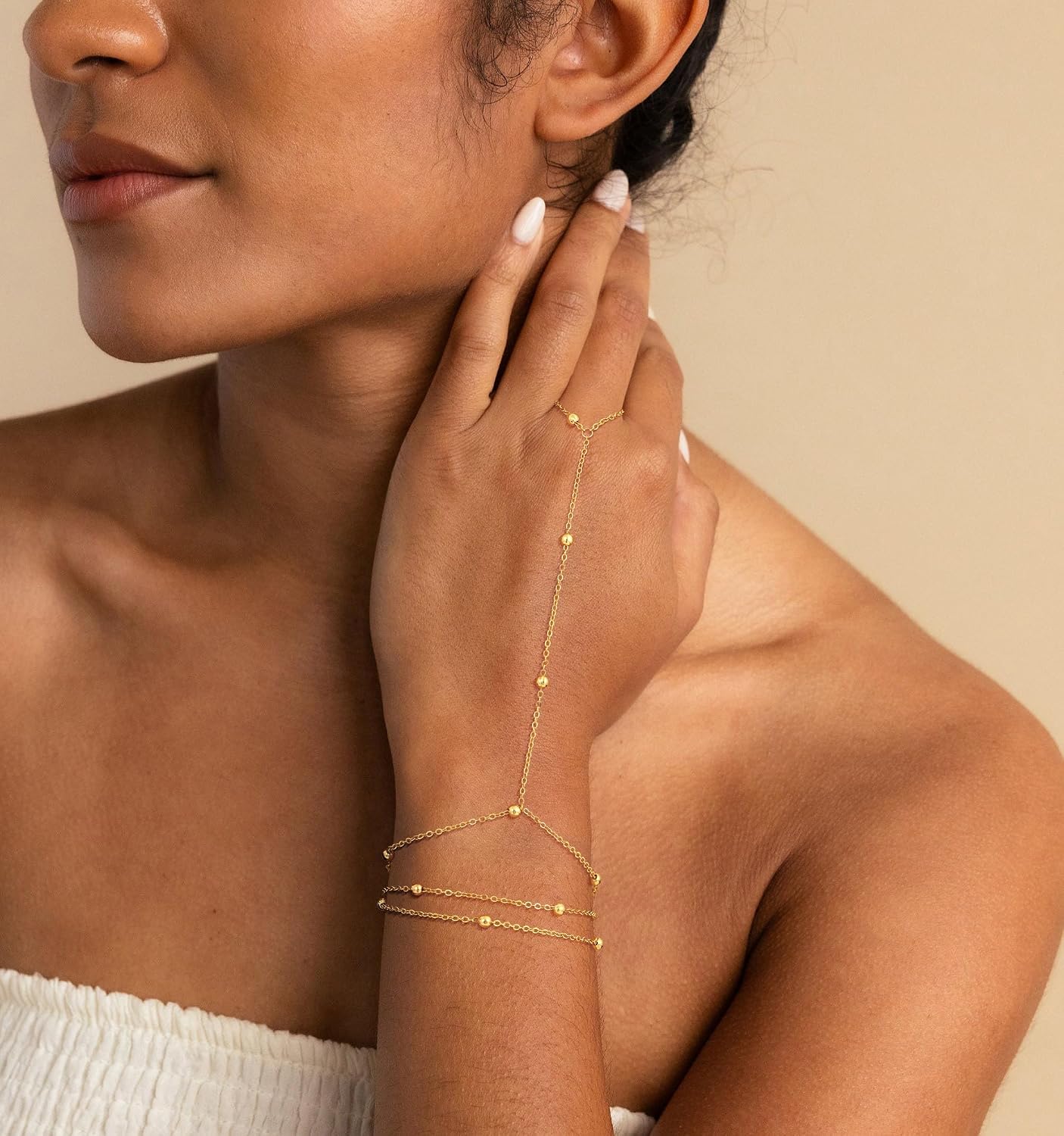 14k Gold Plated Hand Chain for Women,Trendy Ring Bracelet Hand Chain Non Tarnish Beaded Cubic Zircon Infinity Finger Ring Slave Bracelet Stack Jewelry Gifts for Women