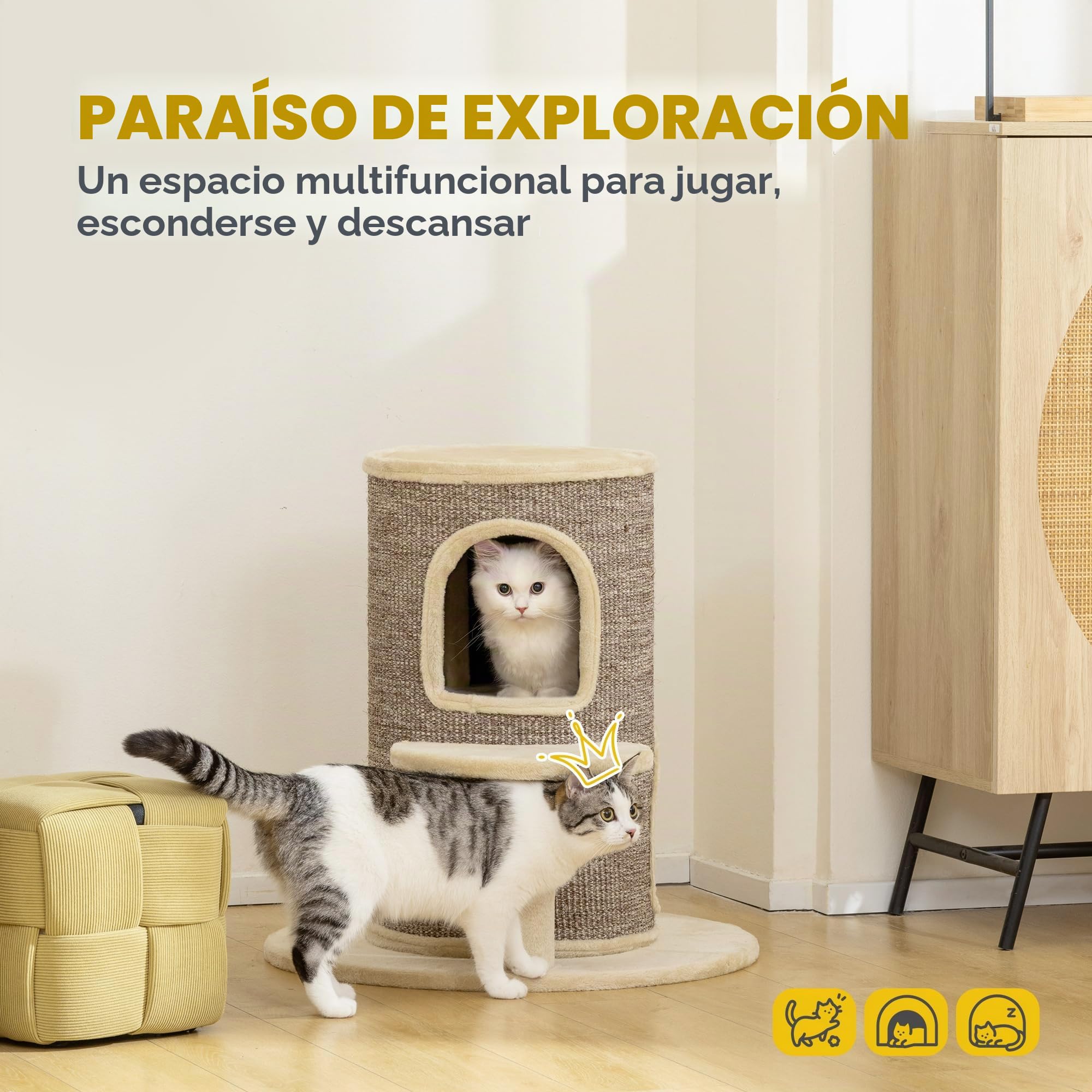 PawHut Barril rascador para Gatos, Barril para Gatos de 61 cm de Altura con 2 Cuevas, Poste rascador con Plataforma de Salto, Torre para Hecha de sisal, Felpa, para pequeños Beige