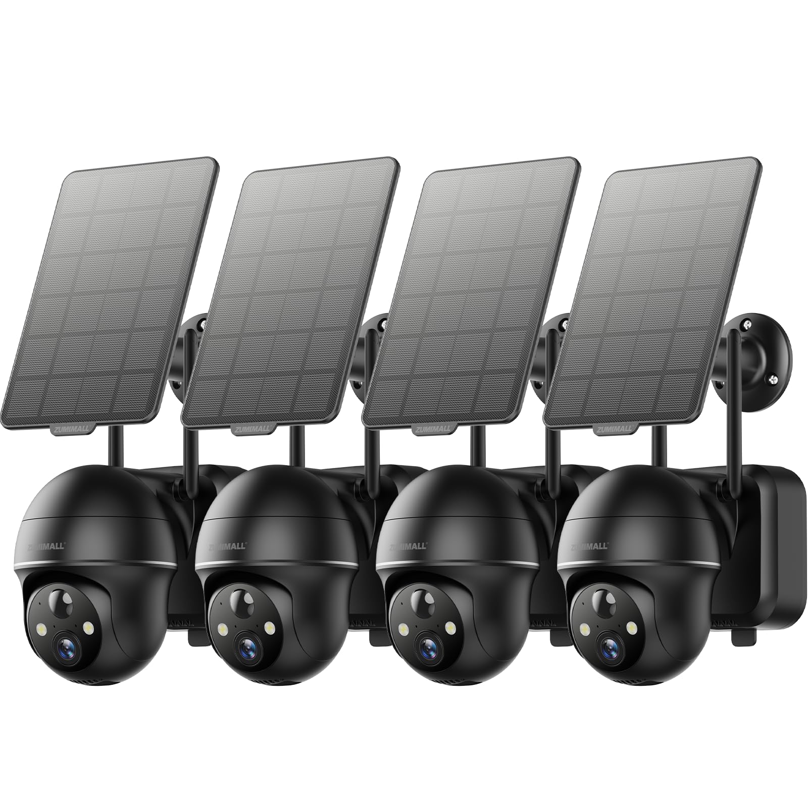 ZUMIMALL 2K Solar Security Cameras Wireless Outdoor 4-Pack, Solar Powered Cameras for Home Security with 360° View, Color Night Vision, 2-Way Talk, AI Alert, Siren, CloudEdge App, Black